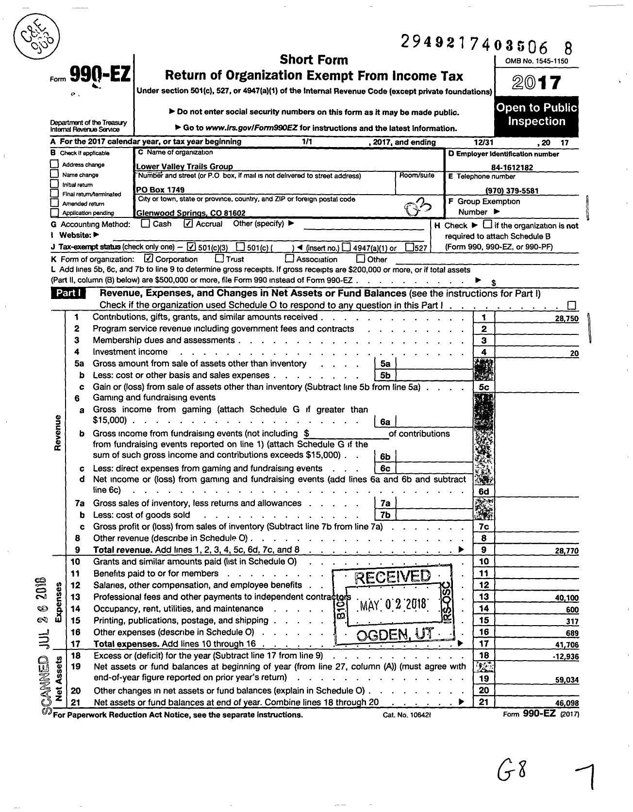 Image of first page of 2017 Form 990EZ for LoVa Trails