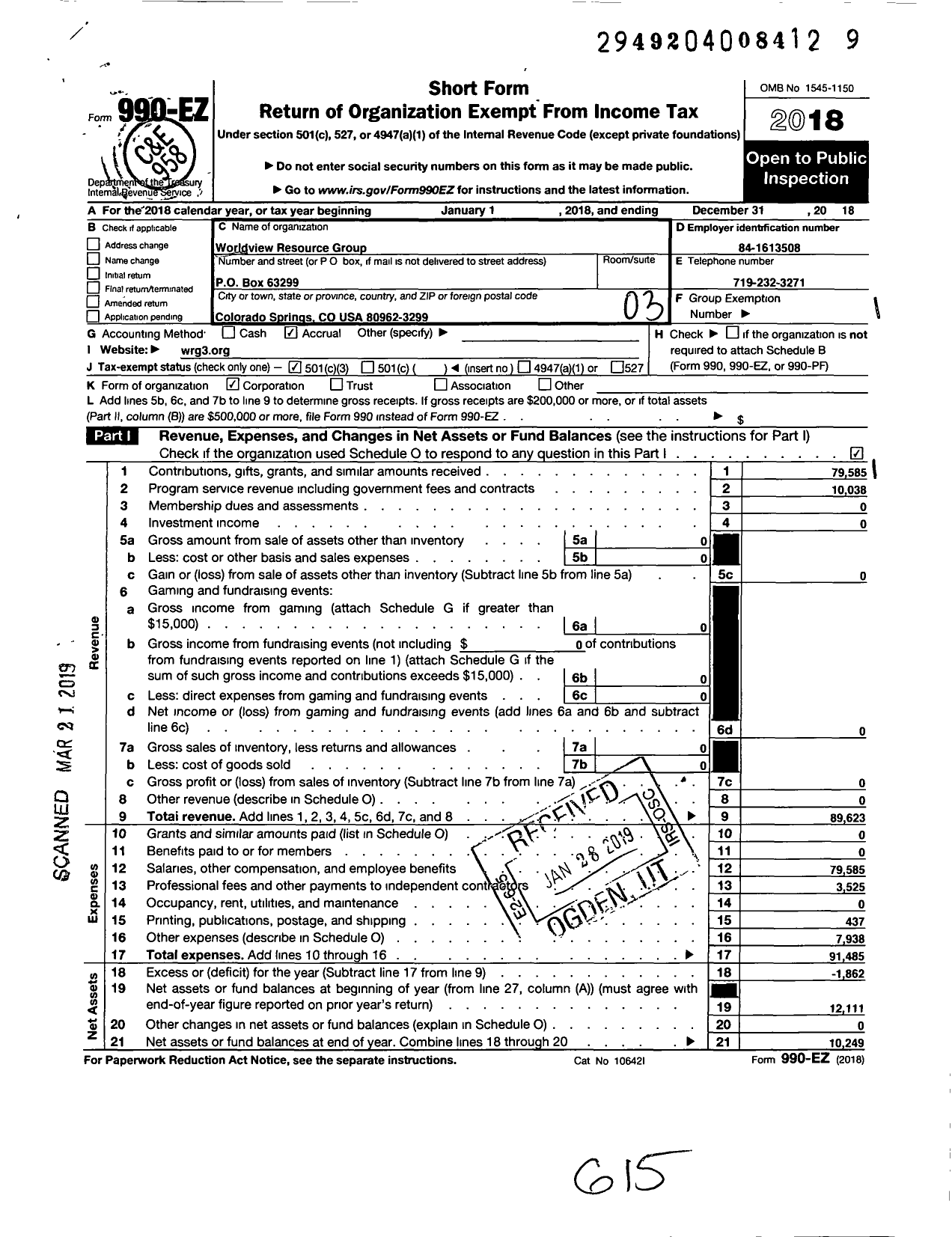 Image of first page of 2018 Form 990EZ for Worldview Resource Group