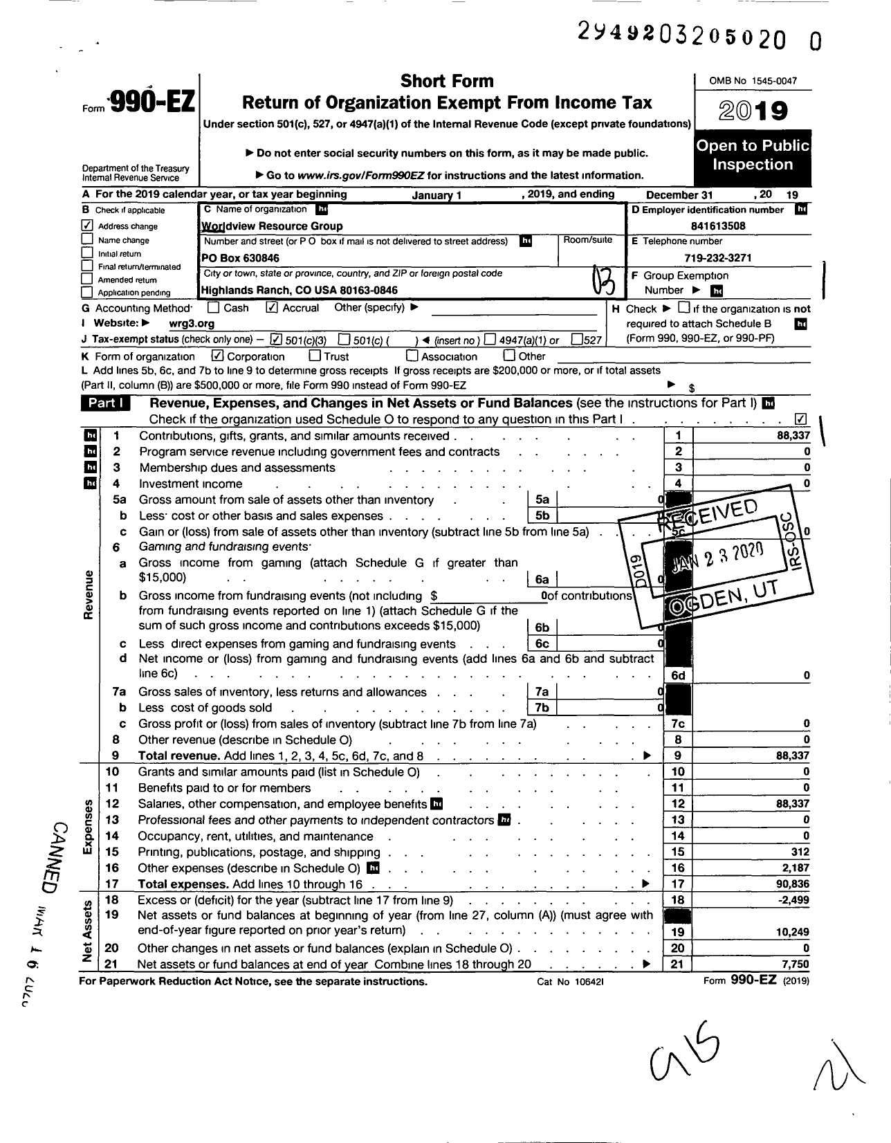 Image of first page of 2019 Form 990EZ for Worldview Resource Group