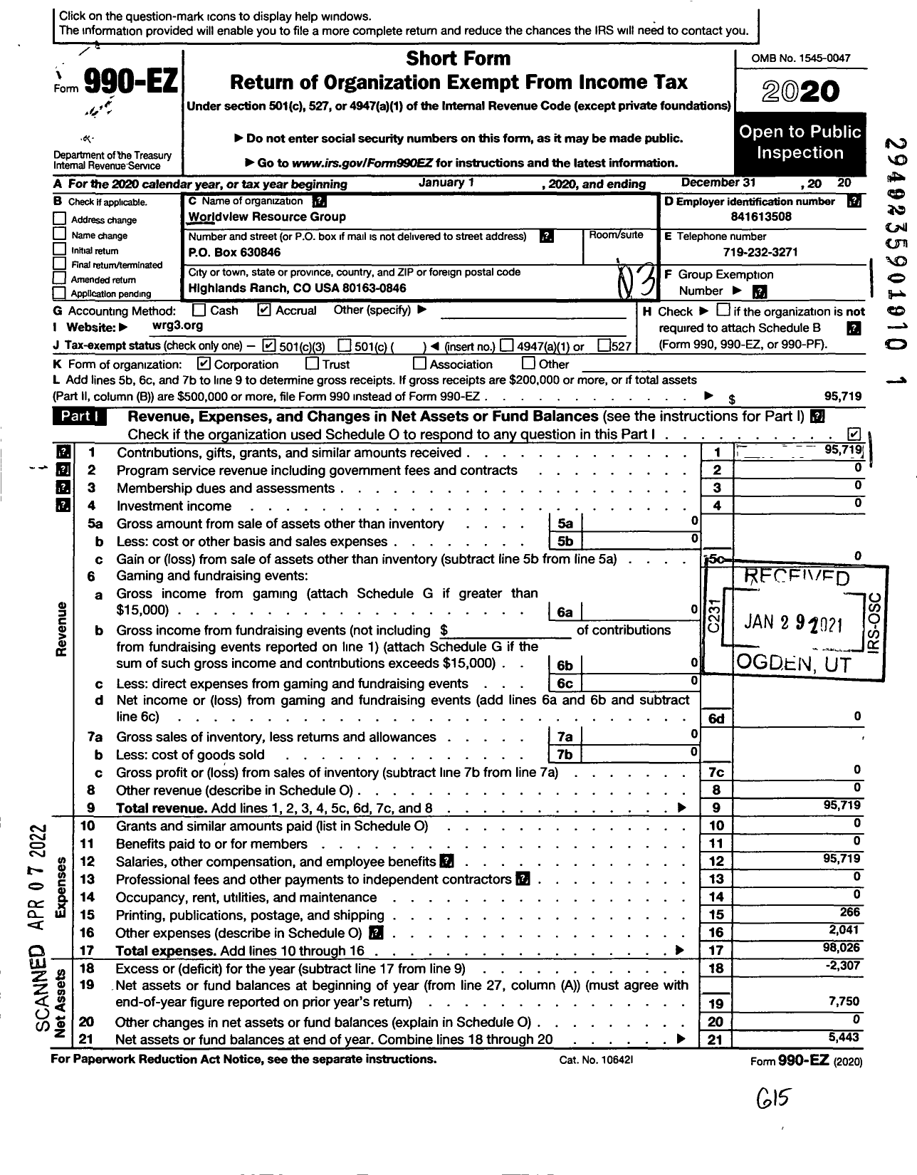 Image of first page of 2020 Form 990EZ for Worldview Resource Group