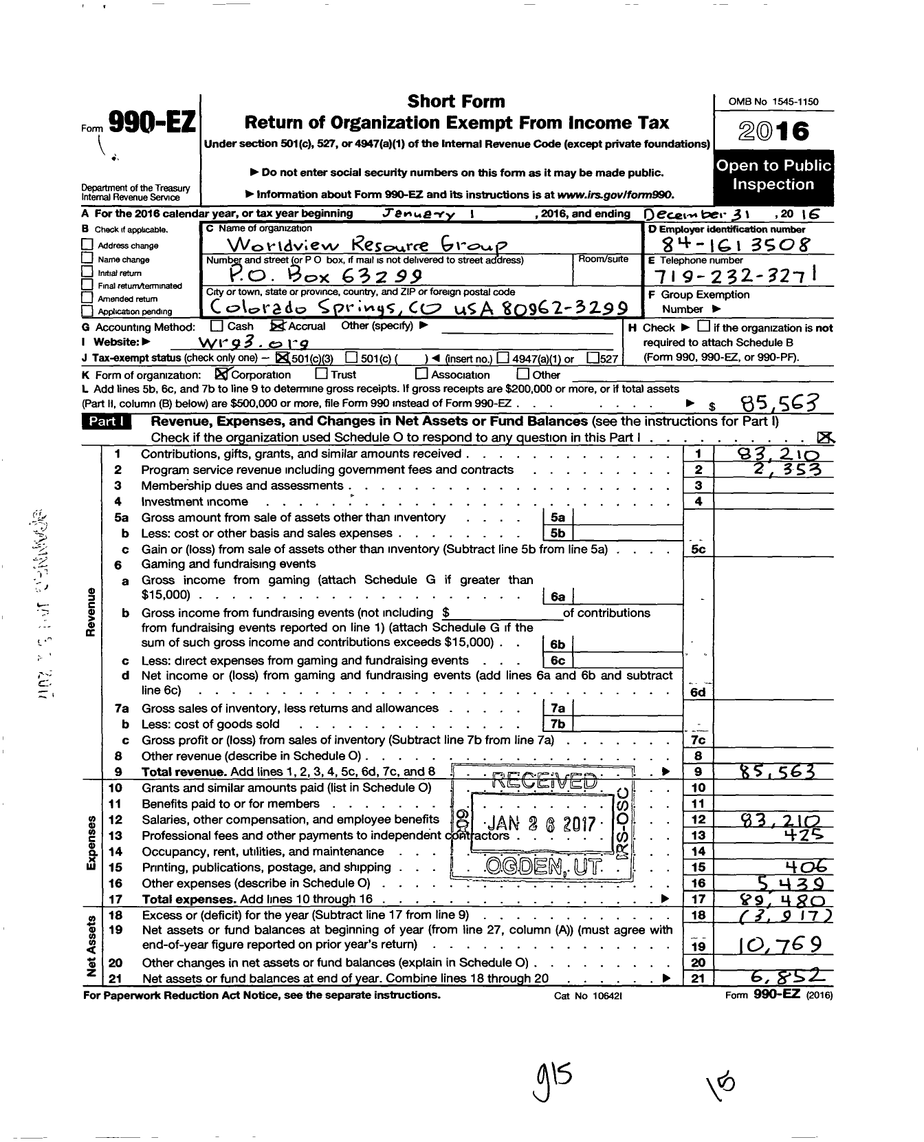 Image of first page of 2016 Form 990EZ for Worldview Resource Group