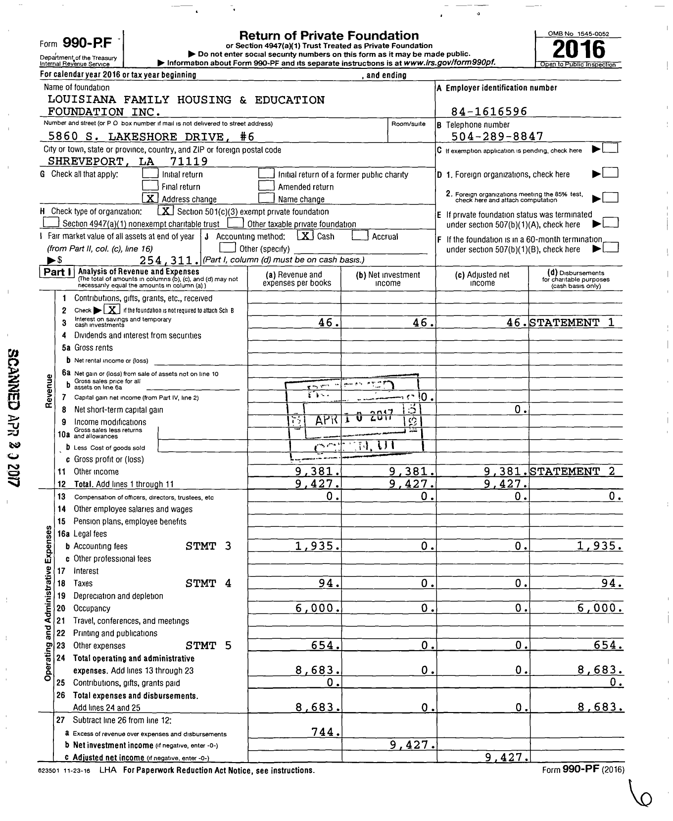 Image of first page of 2016 Form 990PF for Louisiana Family Housing and Education Foundation