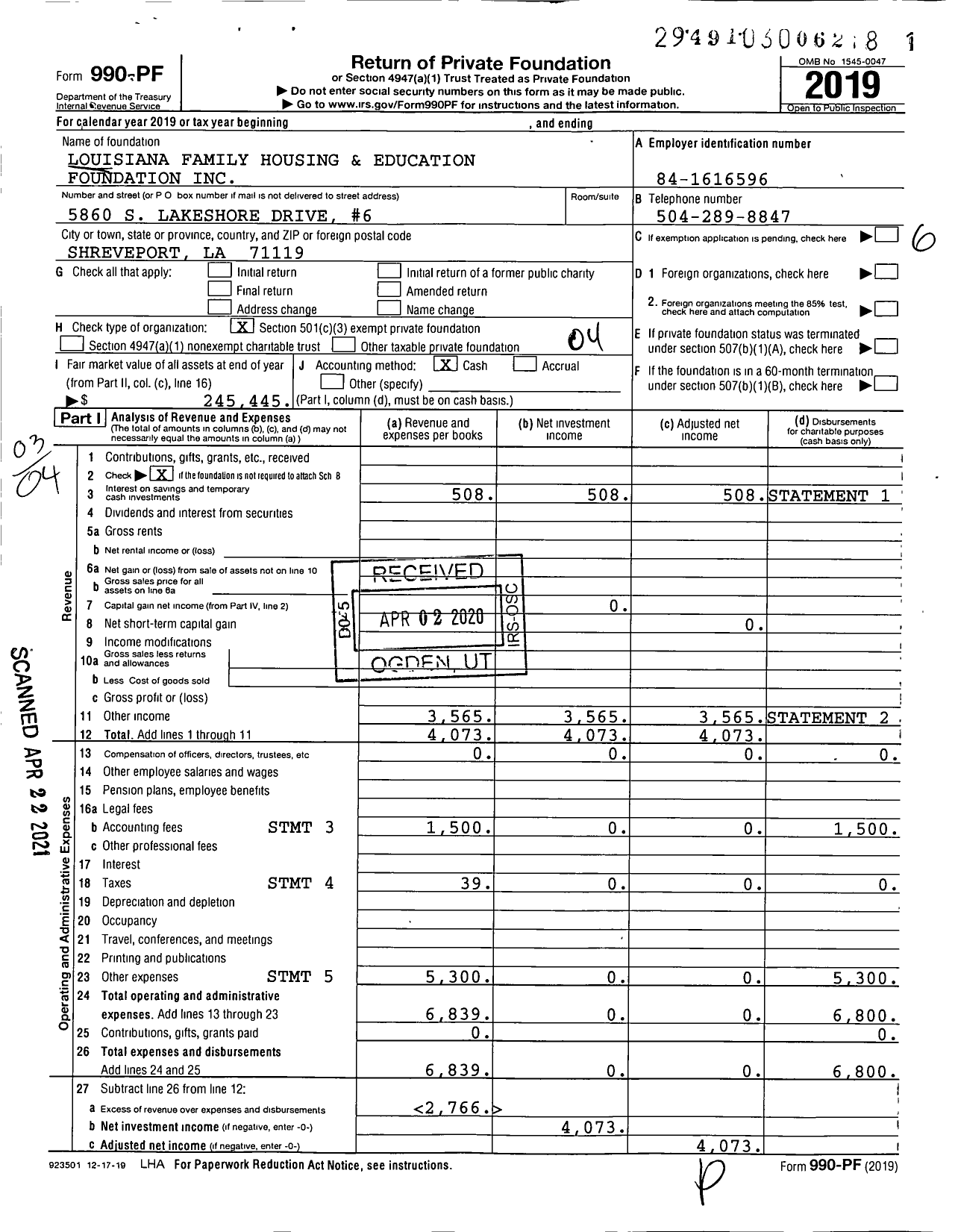 Image of first page of 2019 Form 990PF for Louisiana Family Housing and Education Foundation