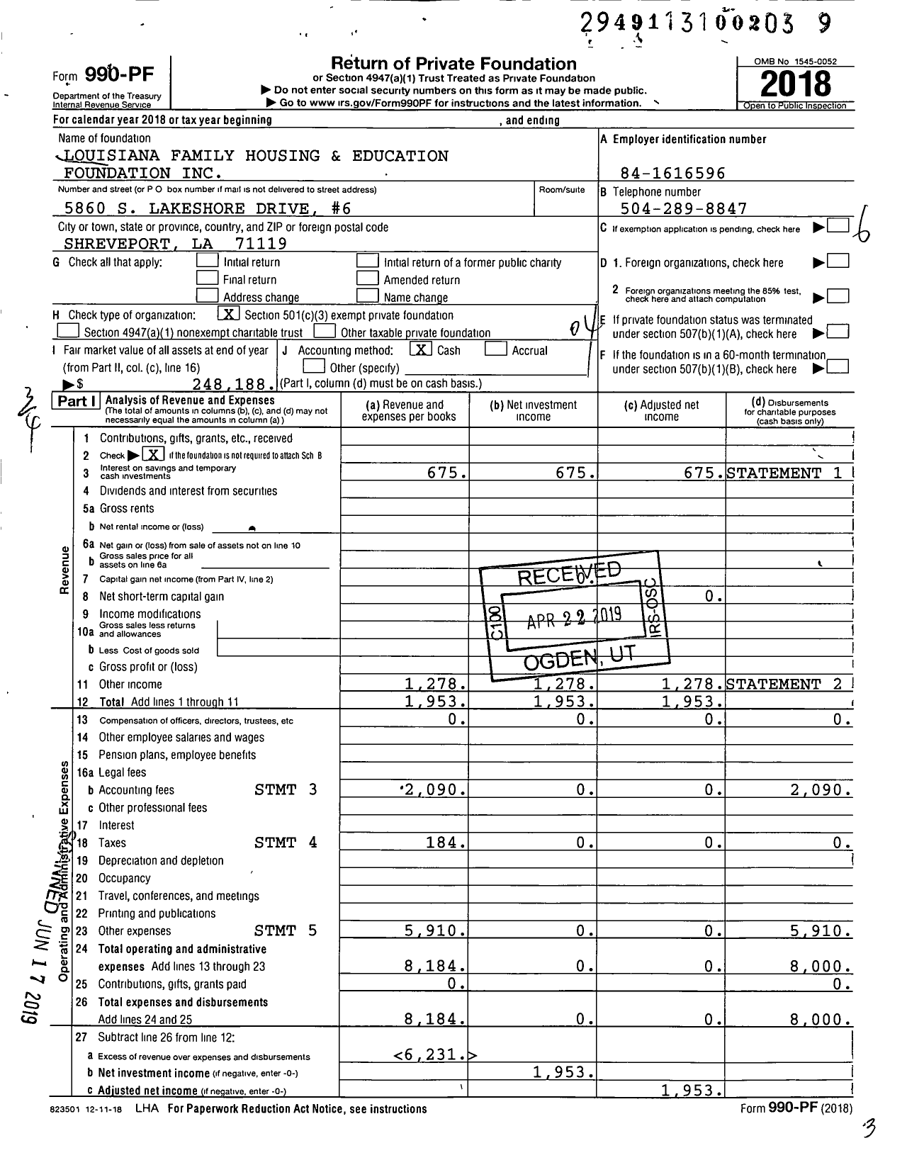 Image of first page of 2018 Form 990PF for Louisiana Family Housing and Education Foundation