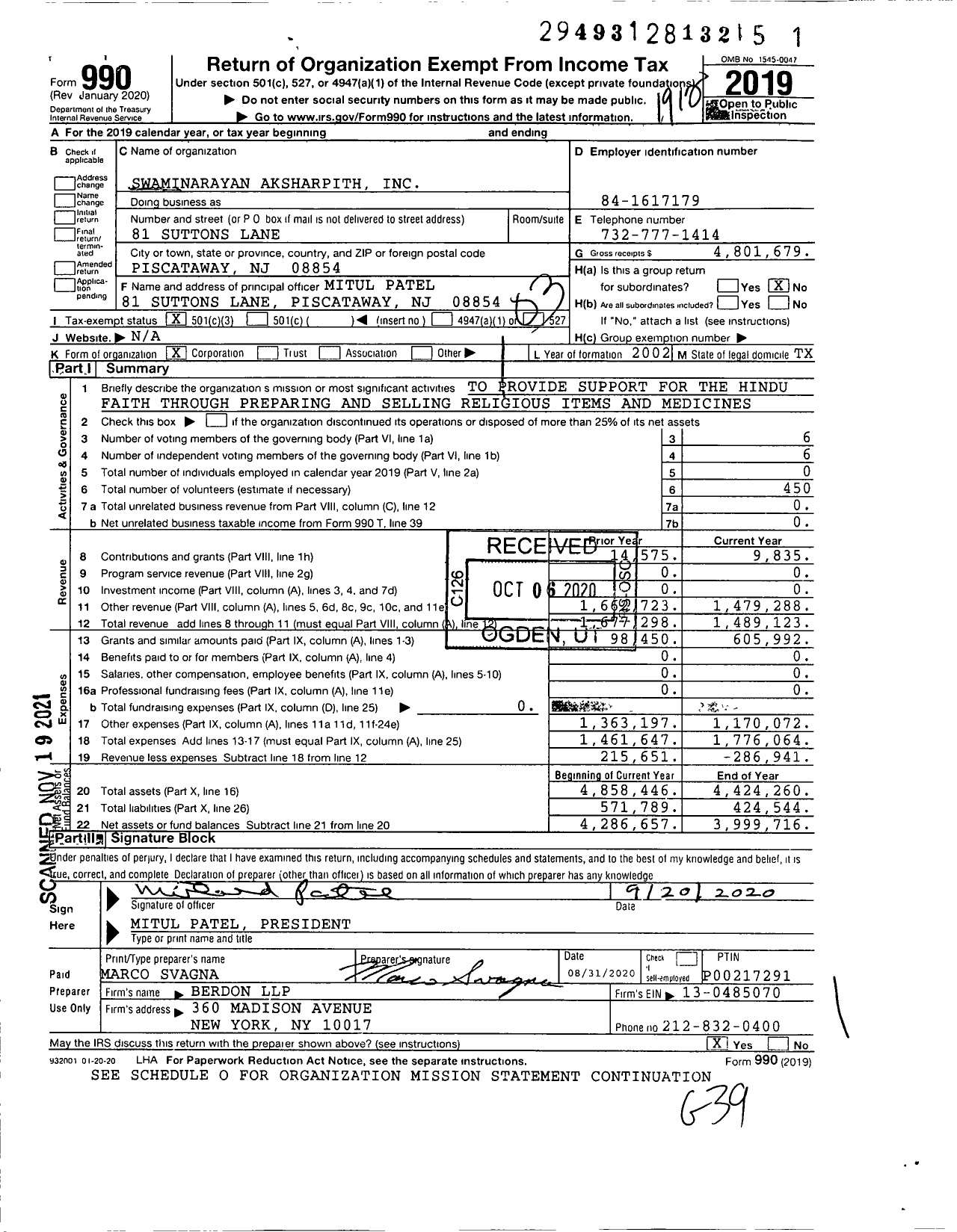 Image of first page of 2019 Form 990 for Swaminarayan Aksharpith