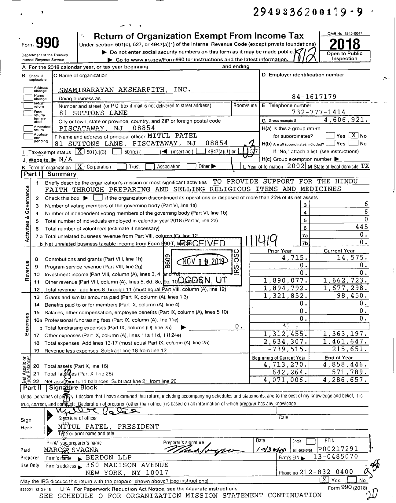 Image of first page of 2018 Form 990 for Swaminarayan Aksharpith