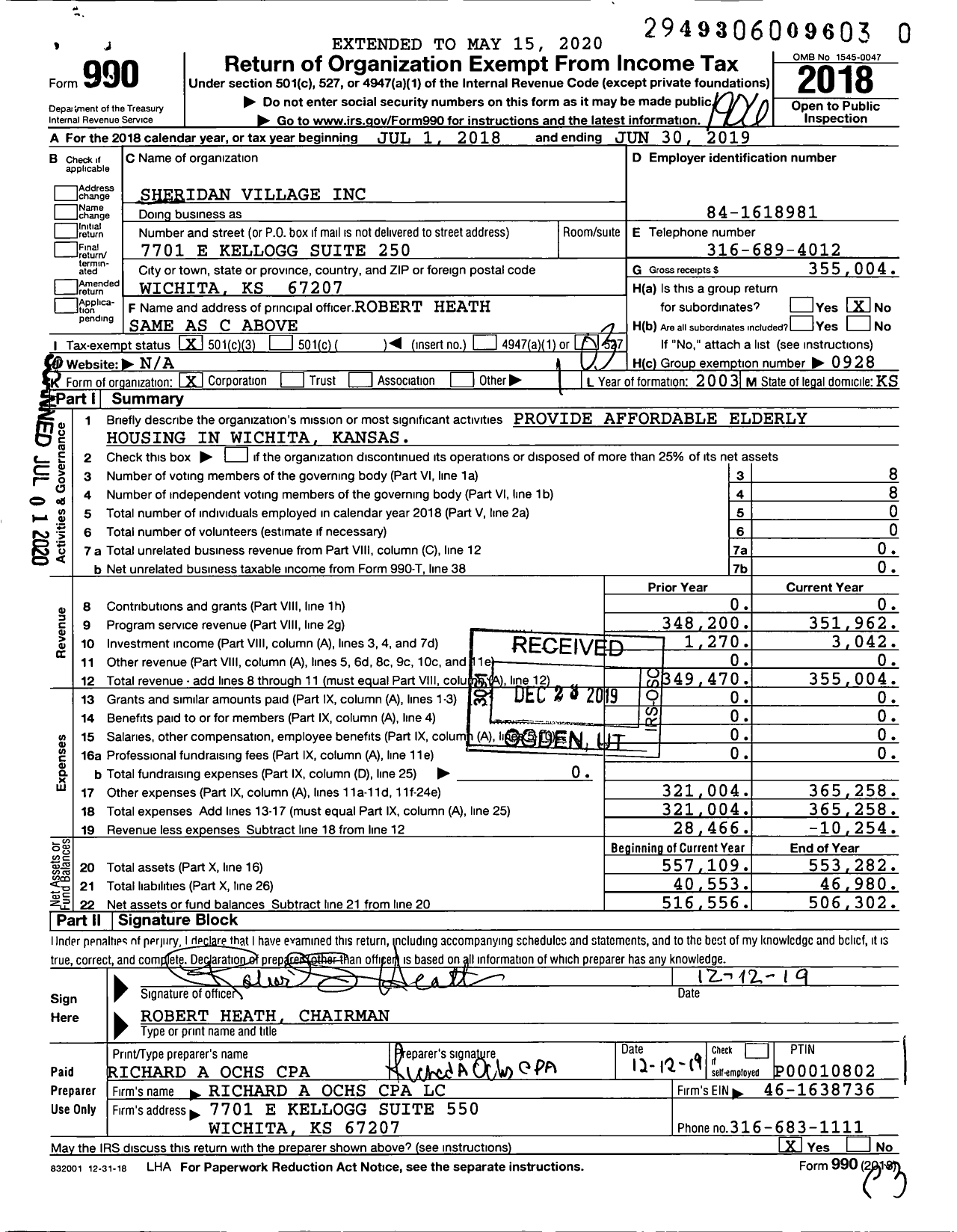 Image of first page of 2018 Form 990 for Sheridan Village