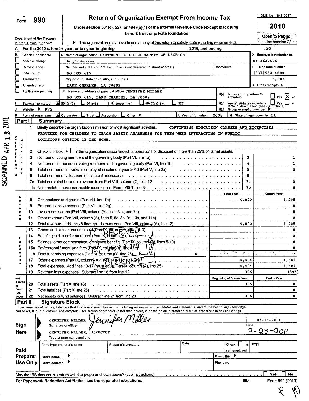 Image of first page of 2010 Form 990 for Partners in Child Safety of Lake CH