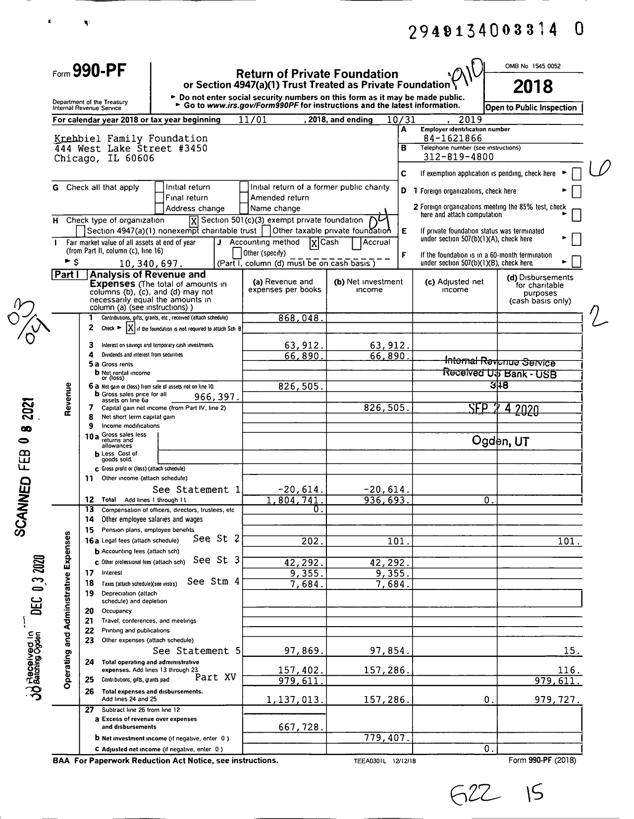 Image of first page of 2018 Form 990PF for Krehbiel Family Foundation