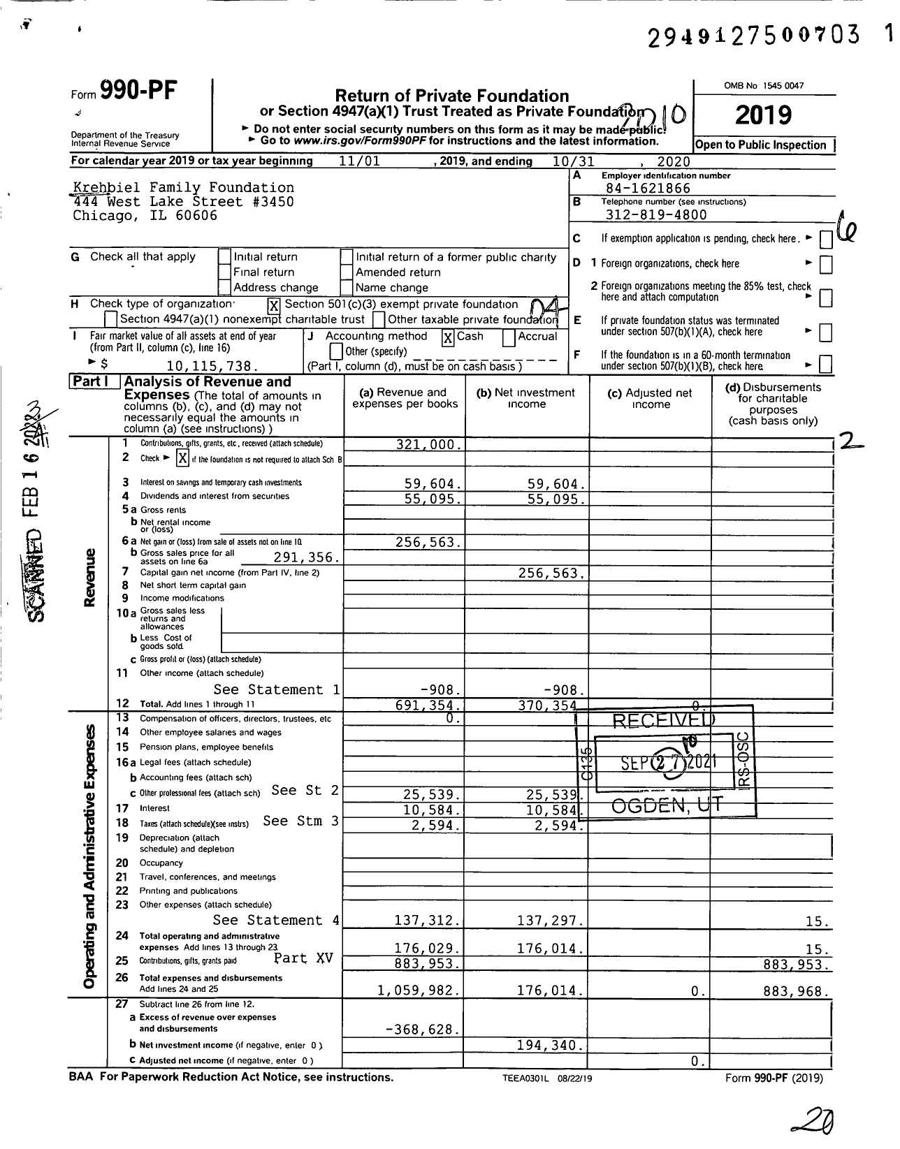 Image of first page of 2019 Form 990PF for Krehbiel Family Foundation