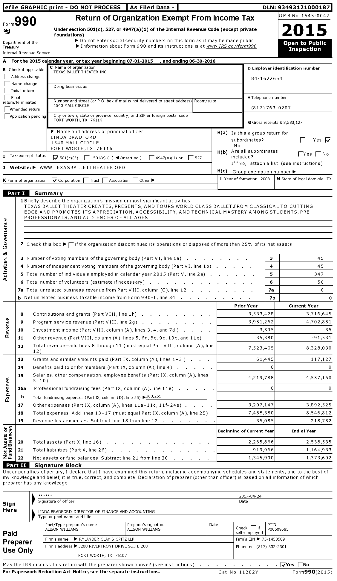 Image of first page of 2015 Form 990 for Texas Ballet Theater