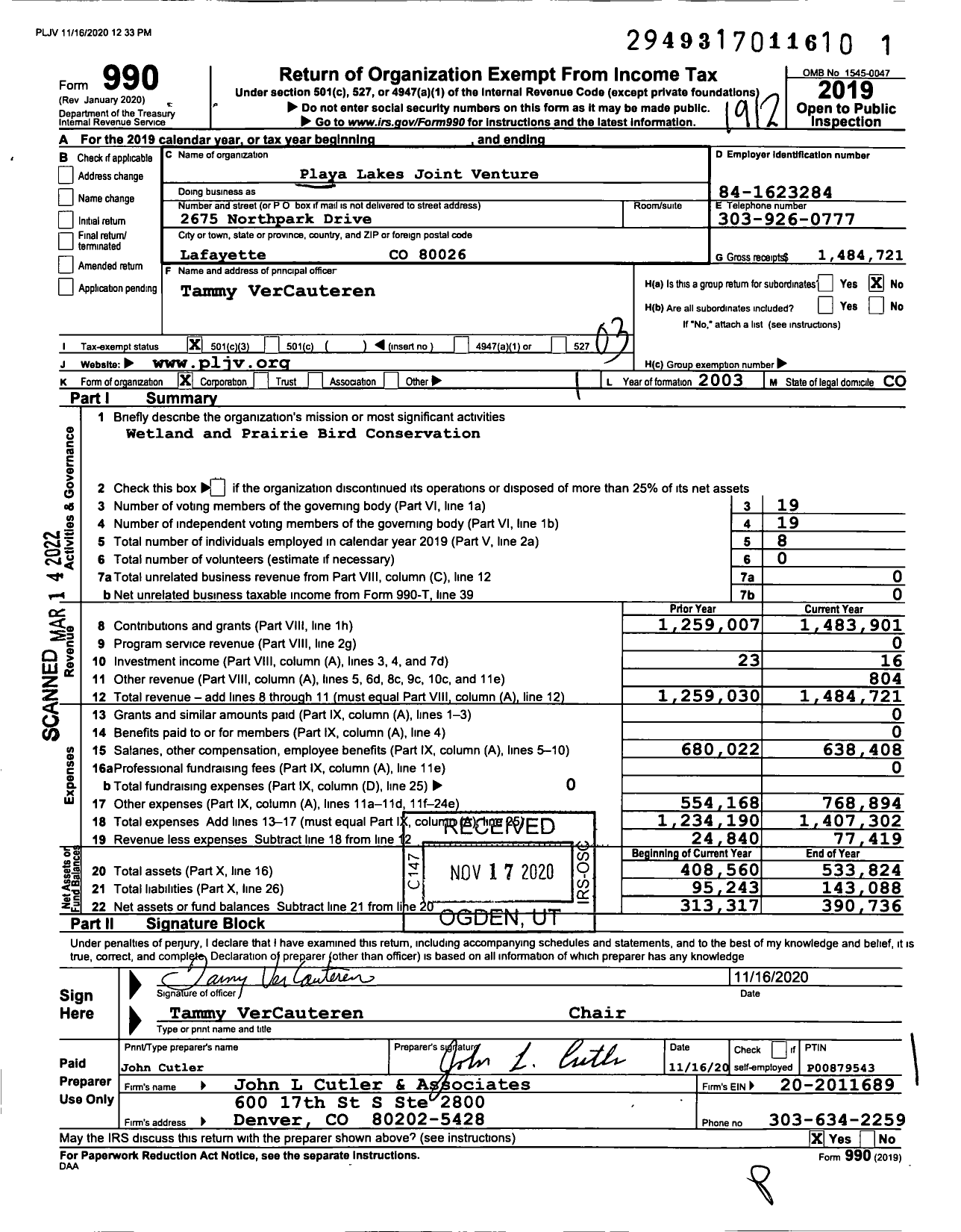 Image of first page of 2019 Form 990 for Playa Lakes Joint Venture (PLJV)