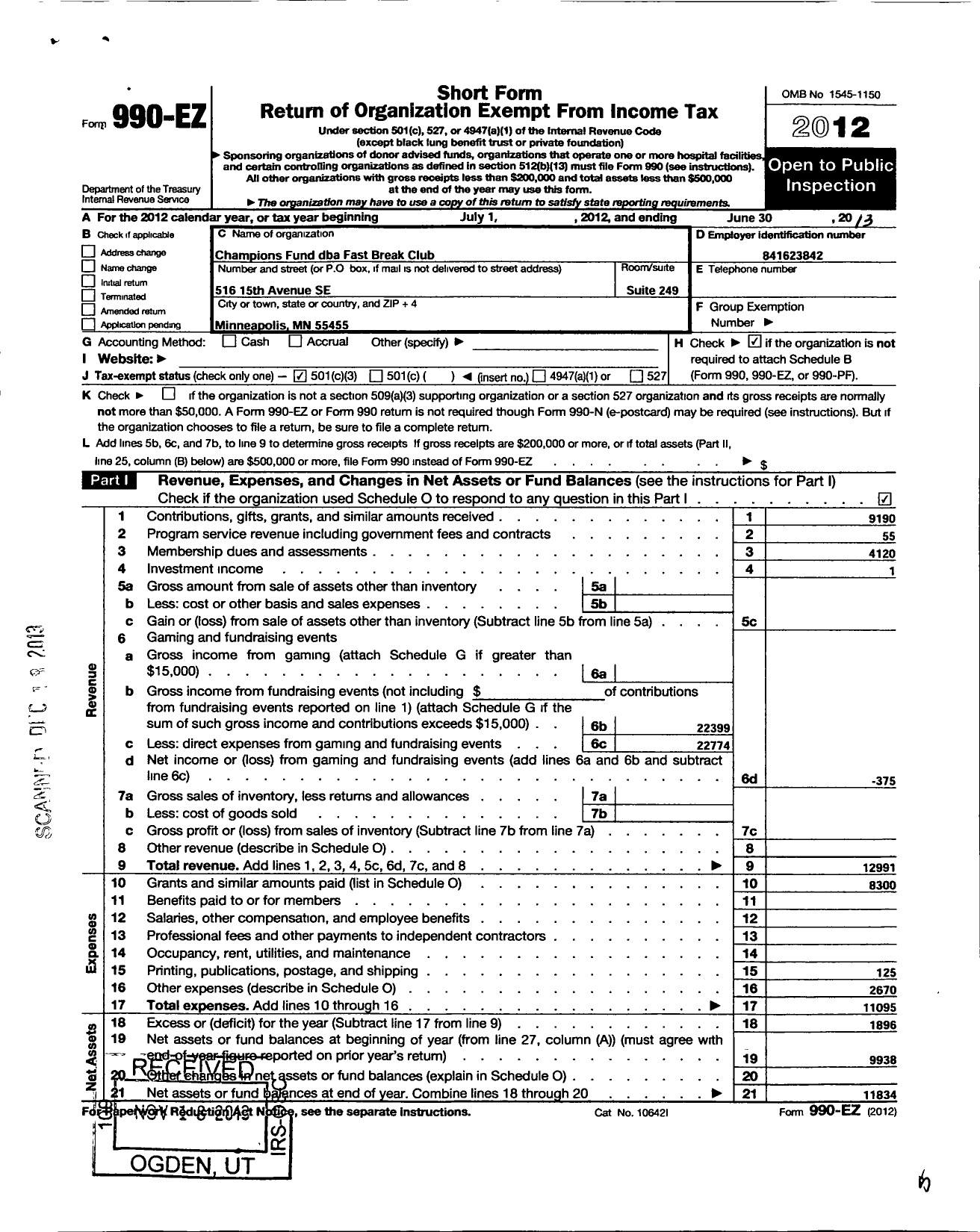 Image of first page of 2012 Form 990EZ for Champions Fund