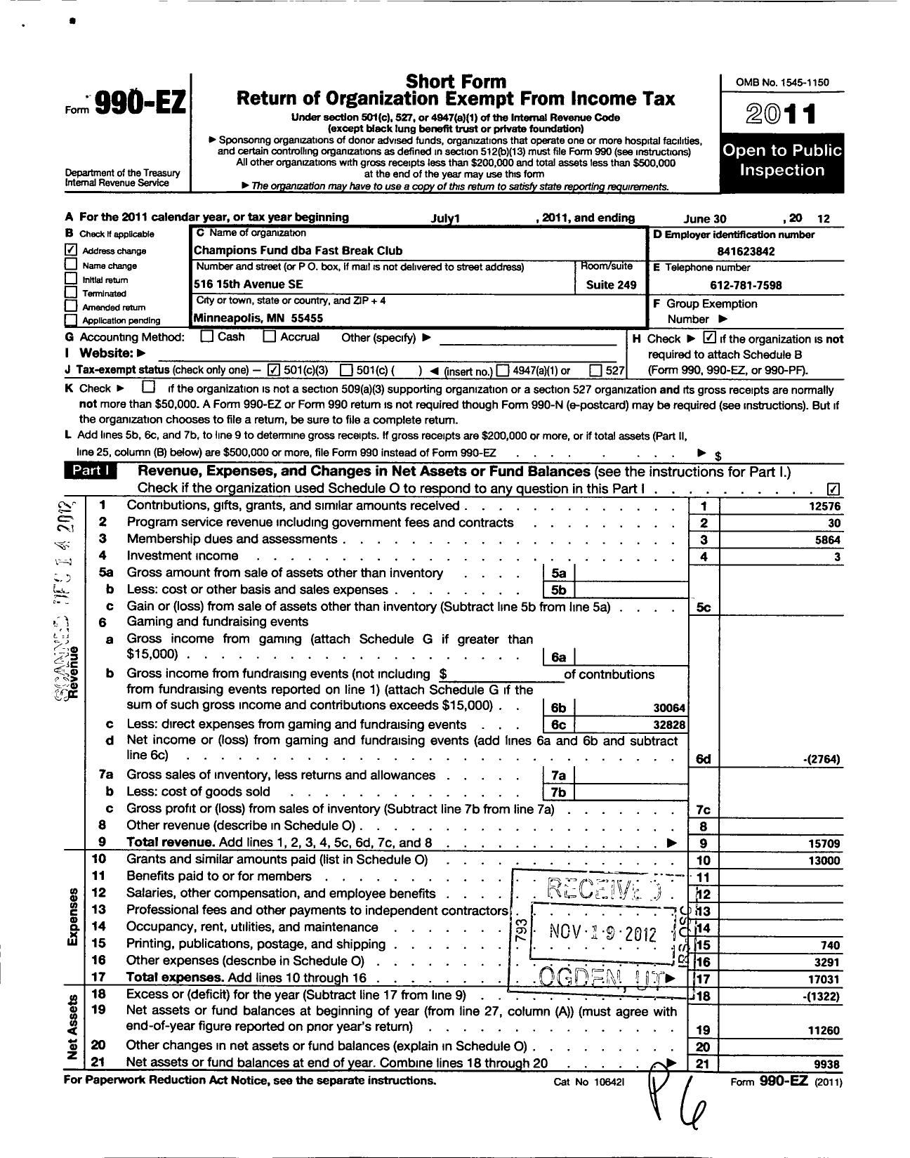 Image of first page of 2011 Form 990EZ for Champions Fund