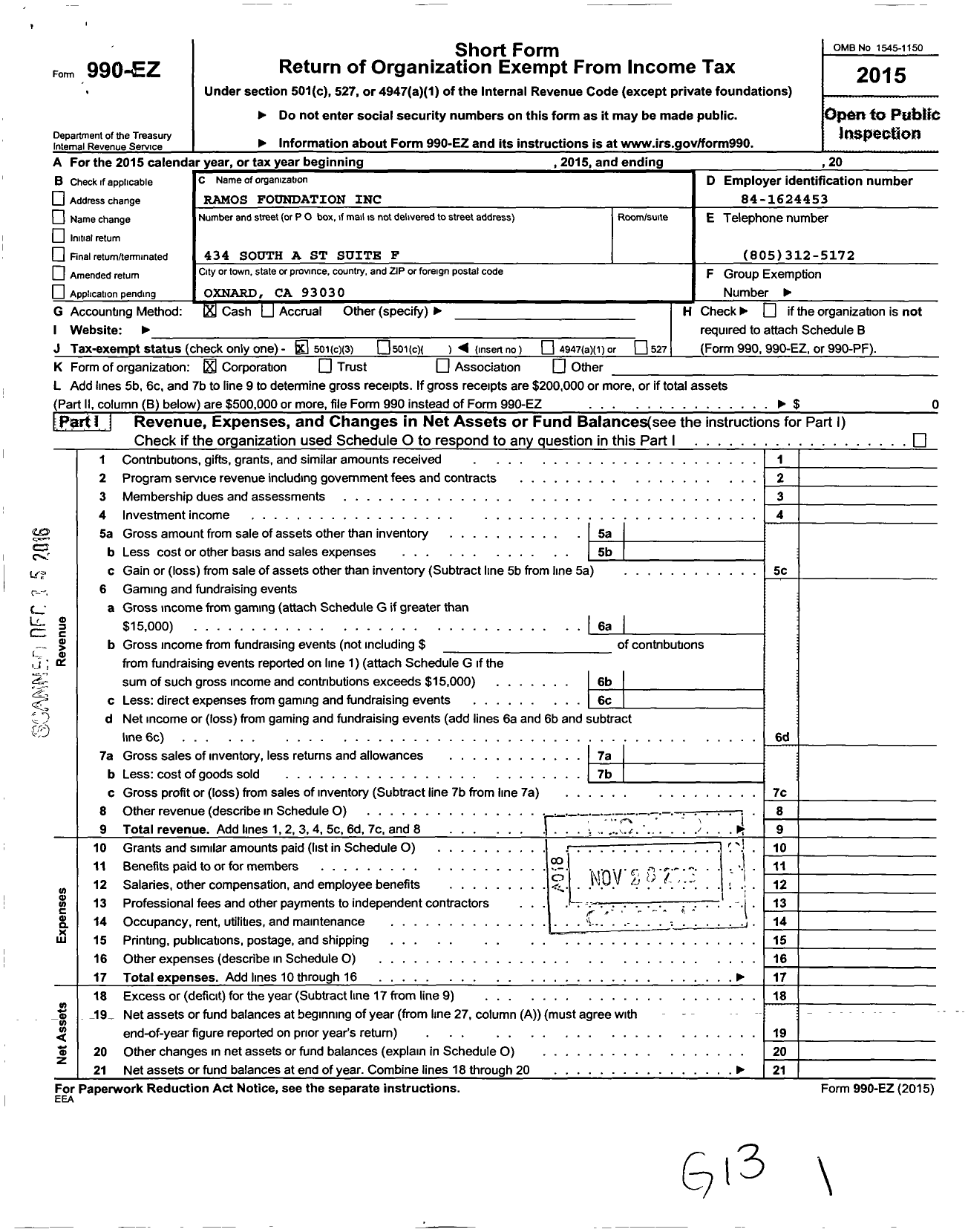 Image of first page of 2015 Form 990EZ for Ramos Foundation