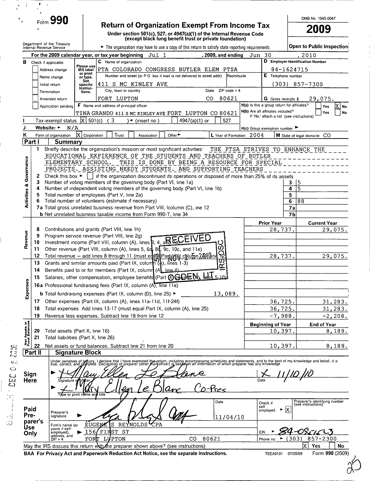 Image of first page of 2009 Form 990 for PTA Colorado Congress / Butler Elementary Ptsa