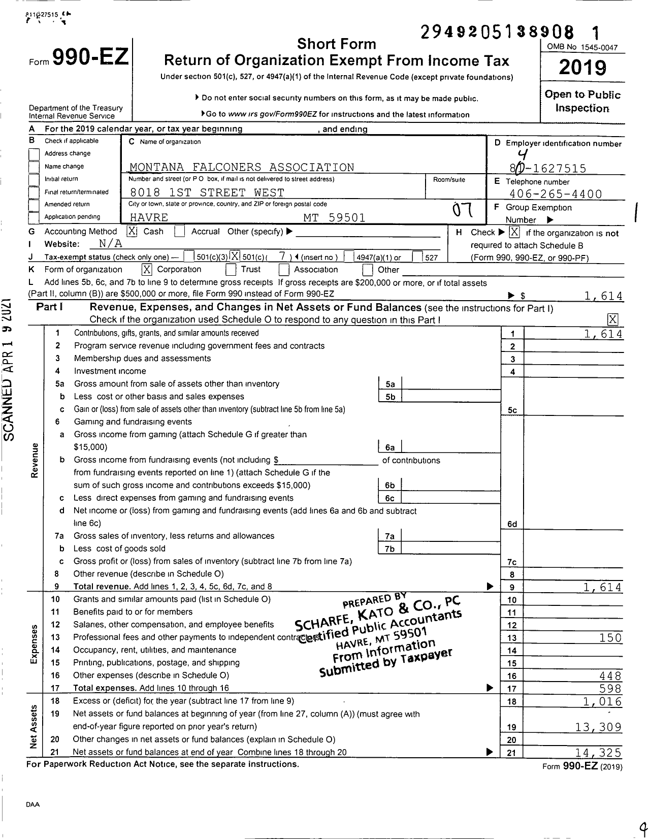 Image of first page of 2019 Form 990EO for Montana Falconers Association