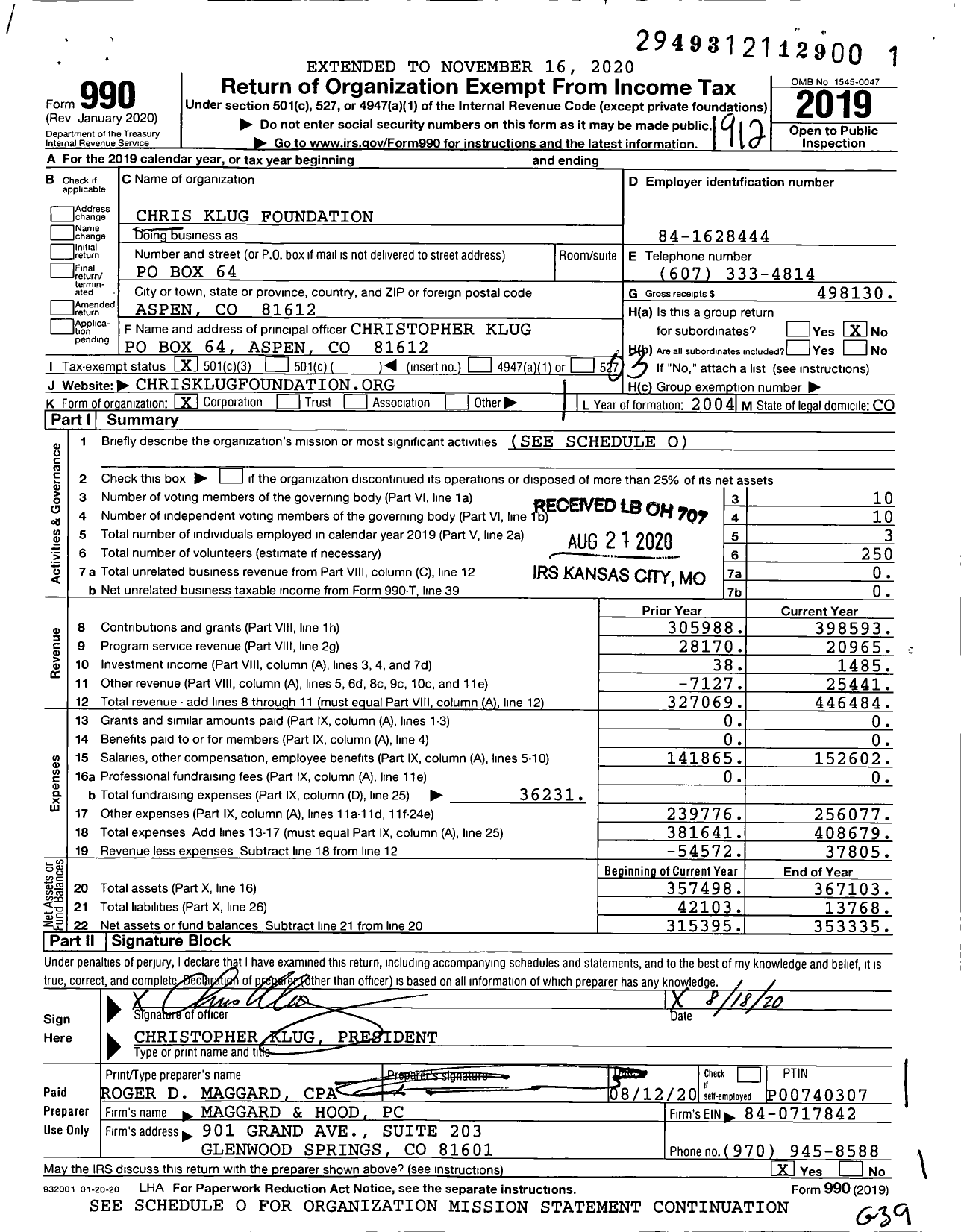 Image of first page of 2019 Form 990 for Chris Klug Foundation