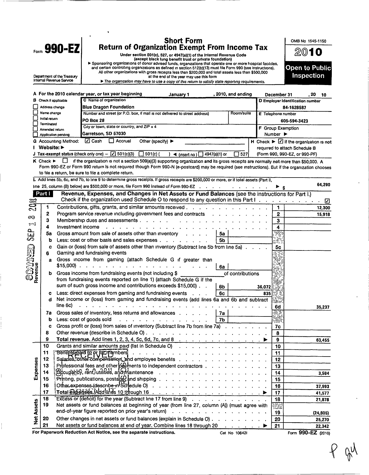 Image of first page of 2010 Form 990EZ for Blue Dragon Ballfield Foundation