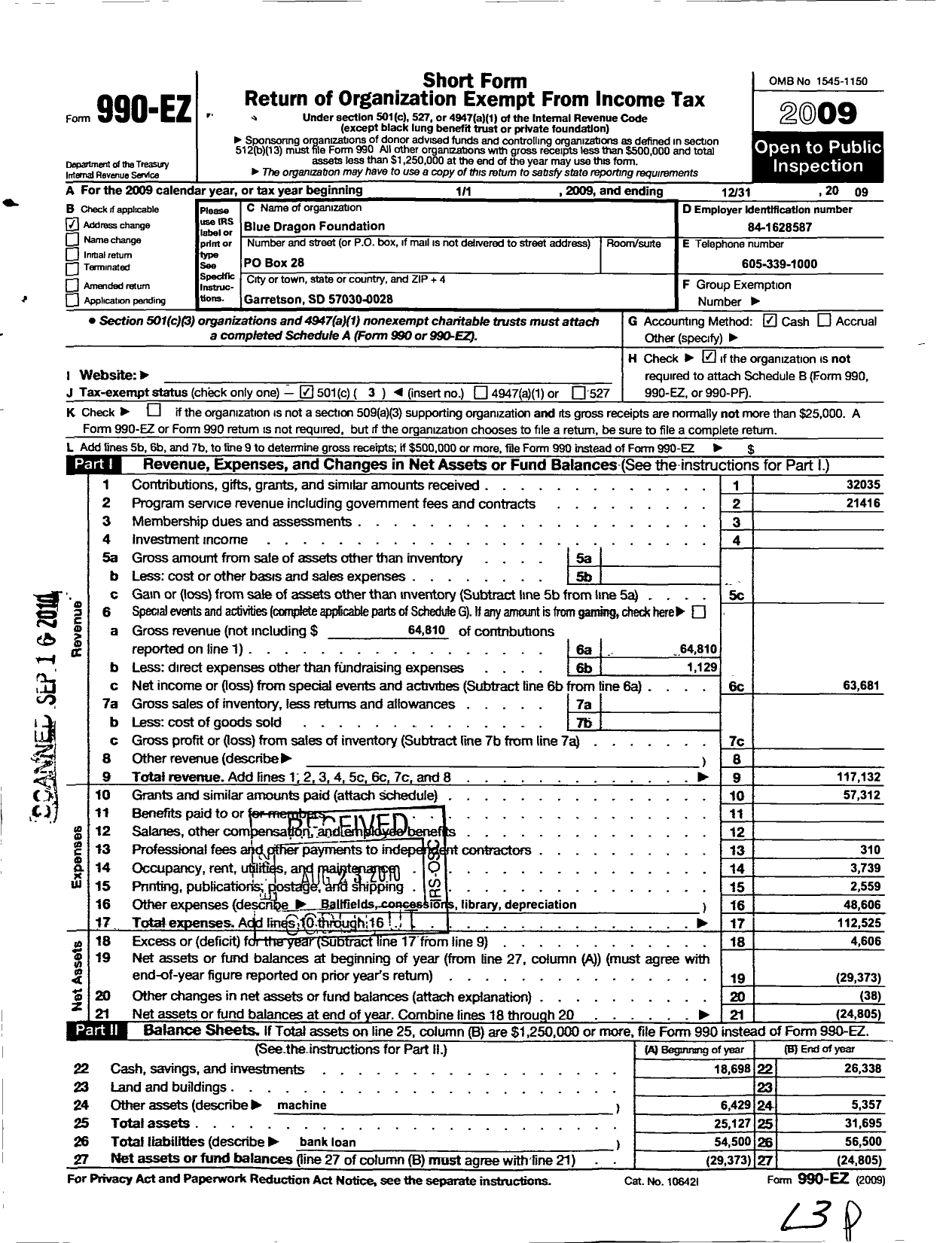 Image of first page of 2009 Form 990EZ for Blue Dragon Ballfield Foundation