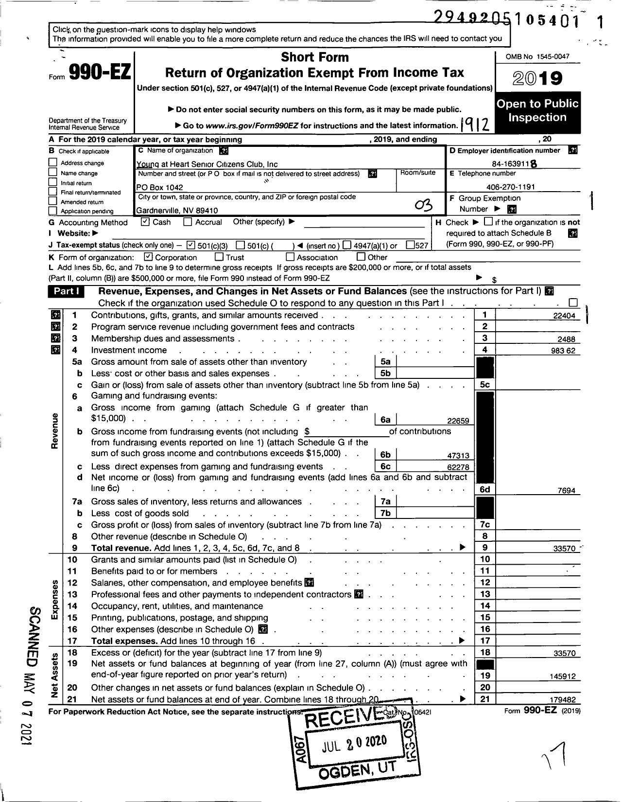 Image of first page of 2019 Form 990EZ for Young at Heart Senior Citizens Clib