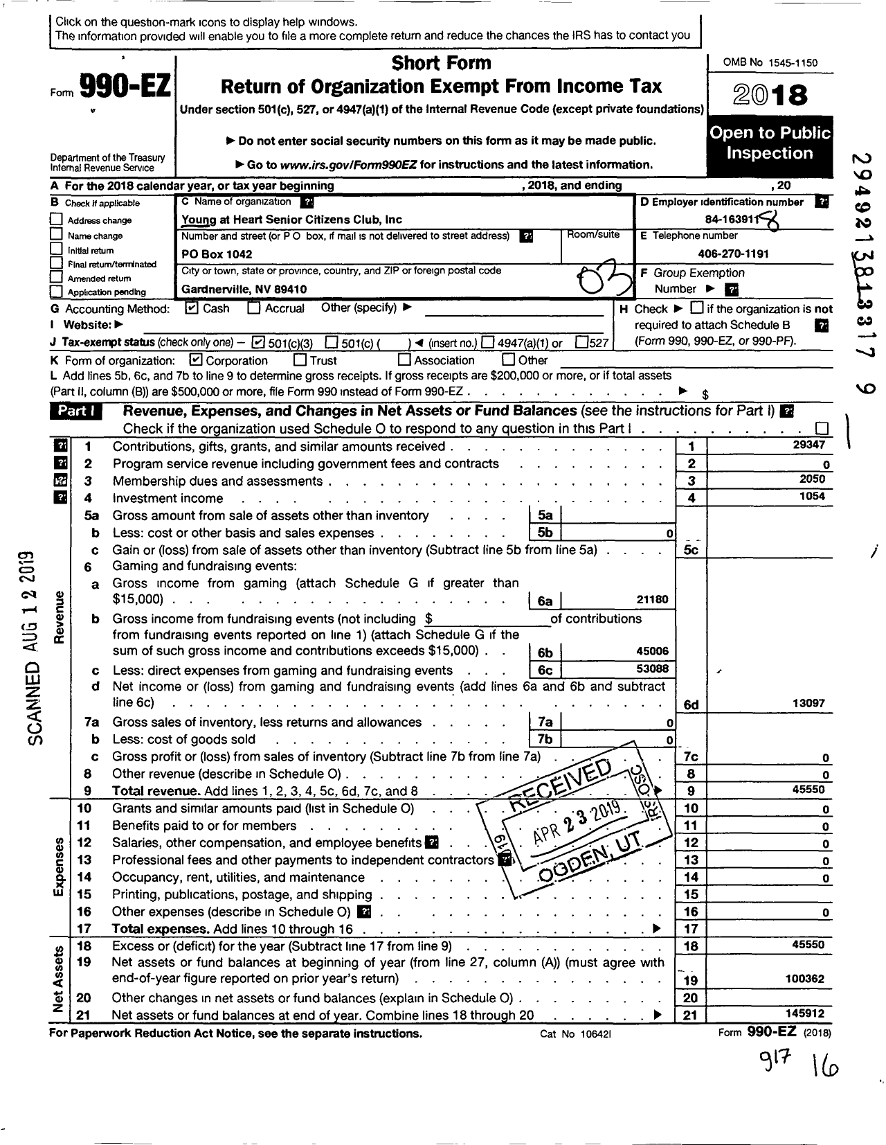 Image of first page of 2018 Form 990EZ for Young at Heart Senior Citizens Clib