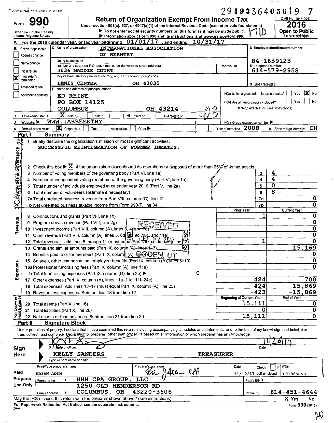 Image of first page of 2016 Form 990 for International Association of Reentry