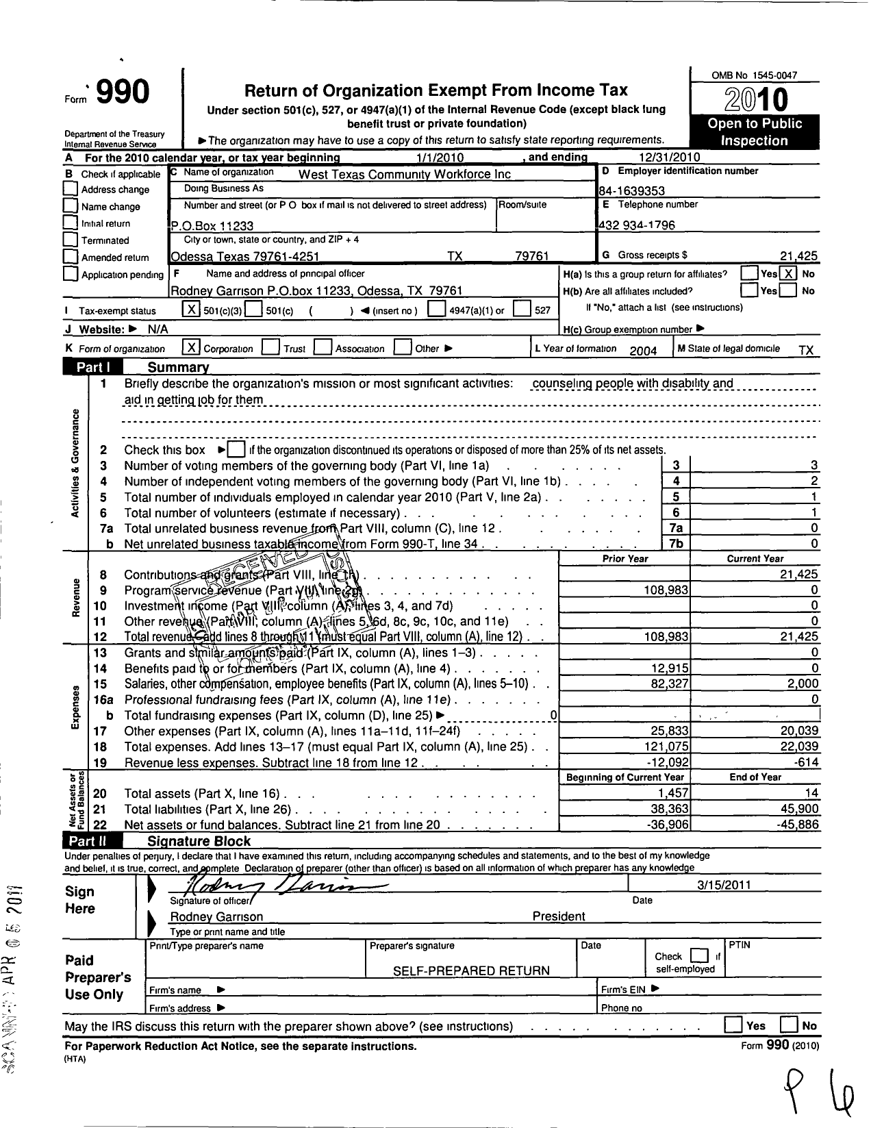 Image of first page of 2010 Form 990 for West Texas Community Workforce