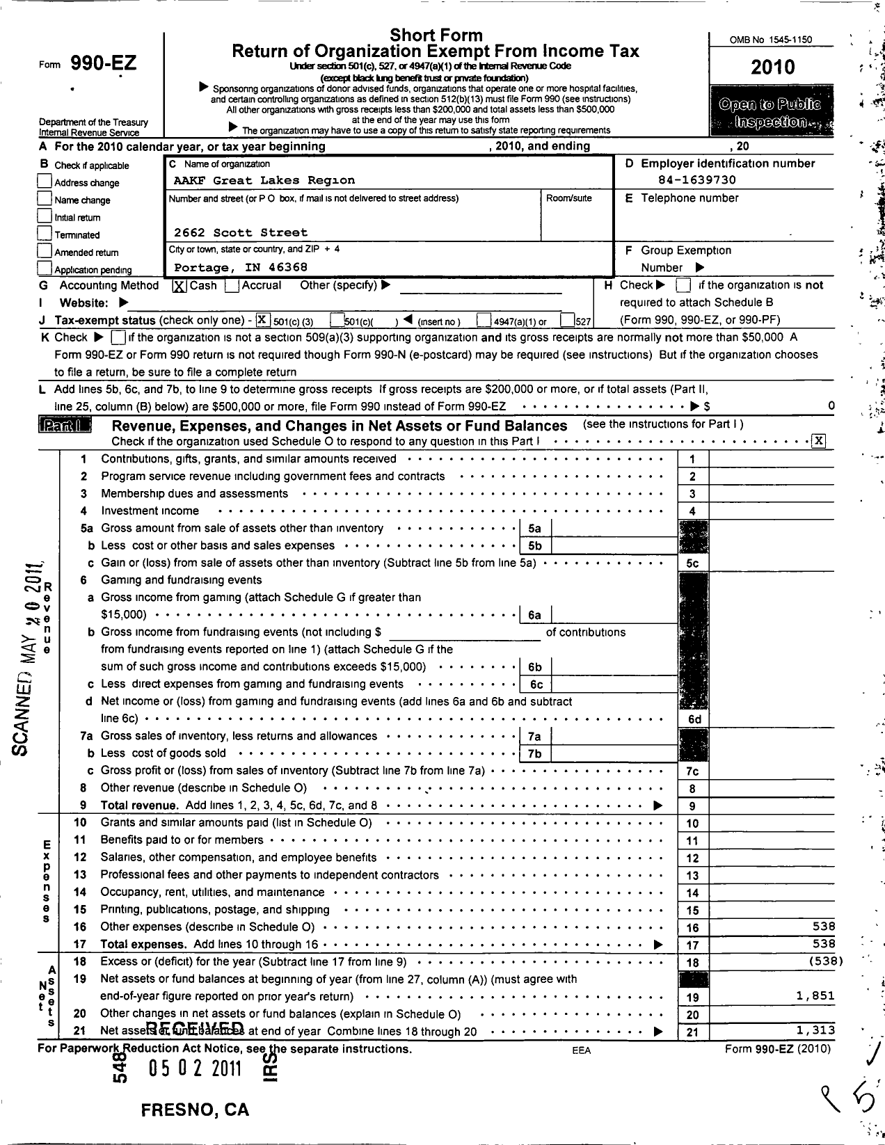 Image of first page of 2010 Form 990EZ for Aakf Great Lakes Region