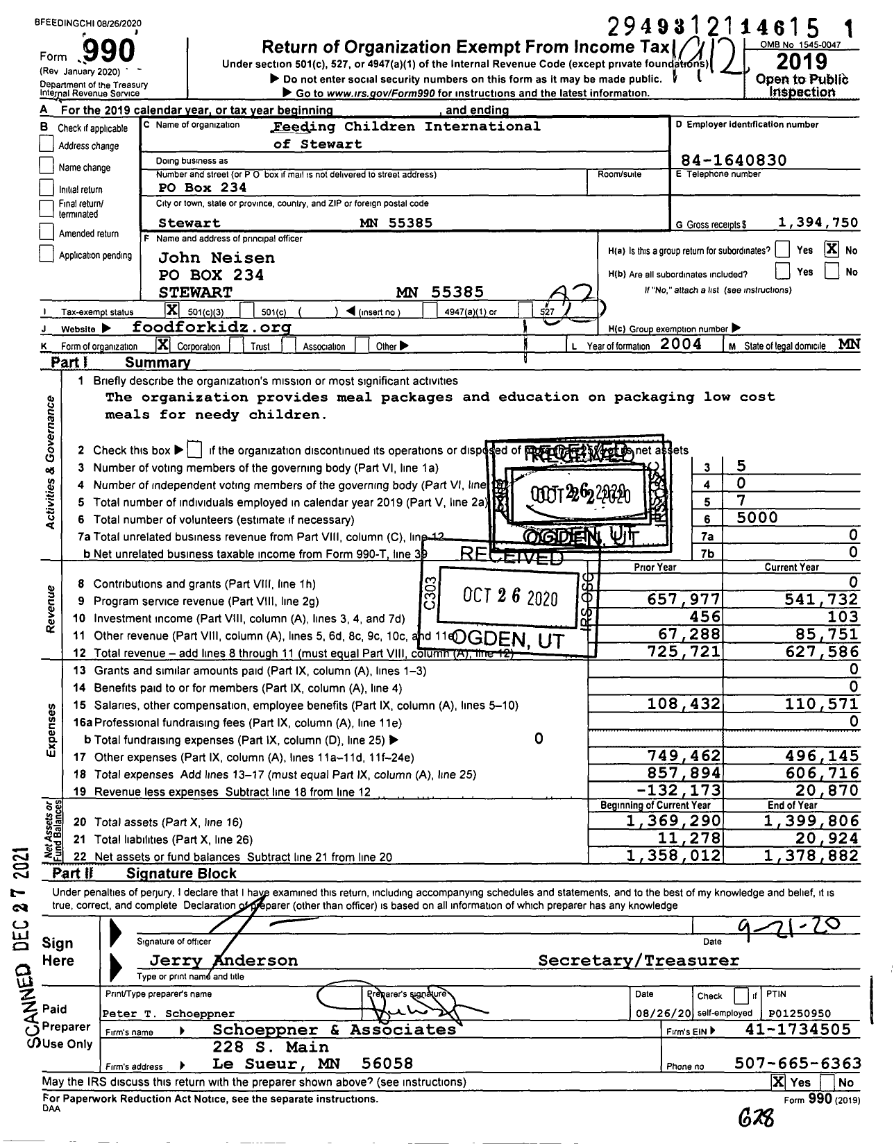 Image of first page of 2019 Form 990 for Feeding Children International