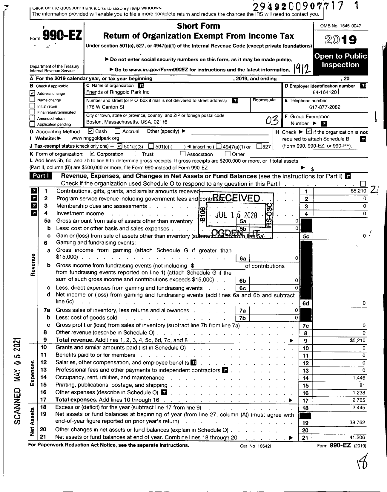 Image of first page of 2019 Form 990EZ for Friends of Ringgold Park