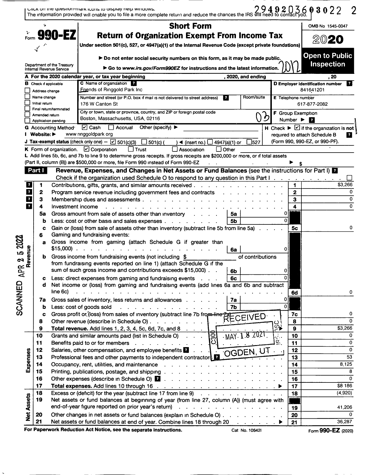 Image of first page of 2020 Form 990EZ for Friends of Ringgold Park