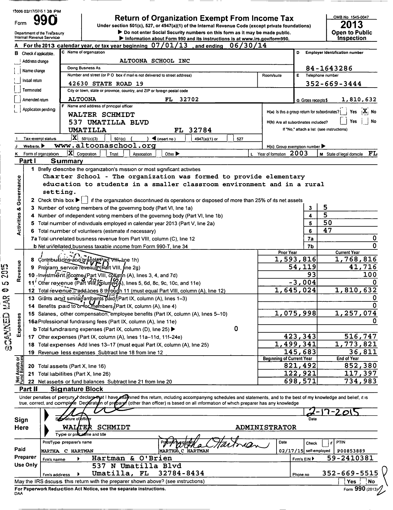 Image of first page of 2013 Form 990 for Altoona School