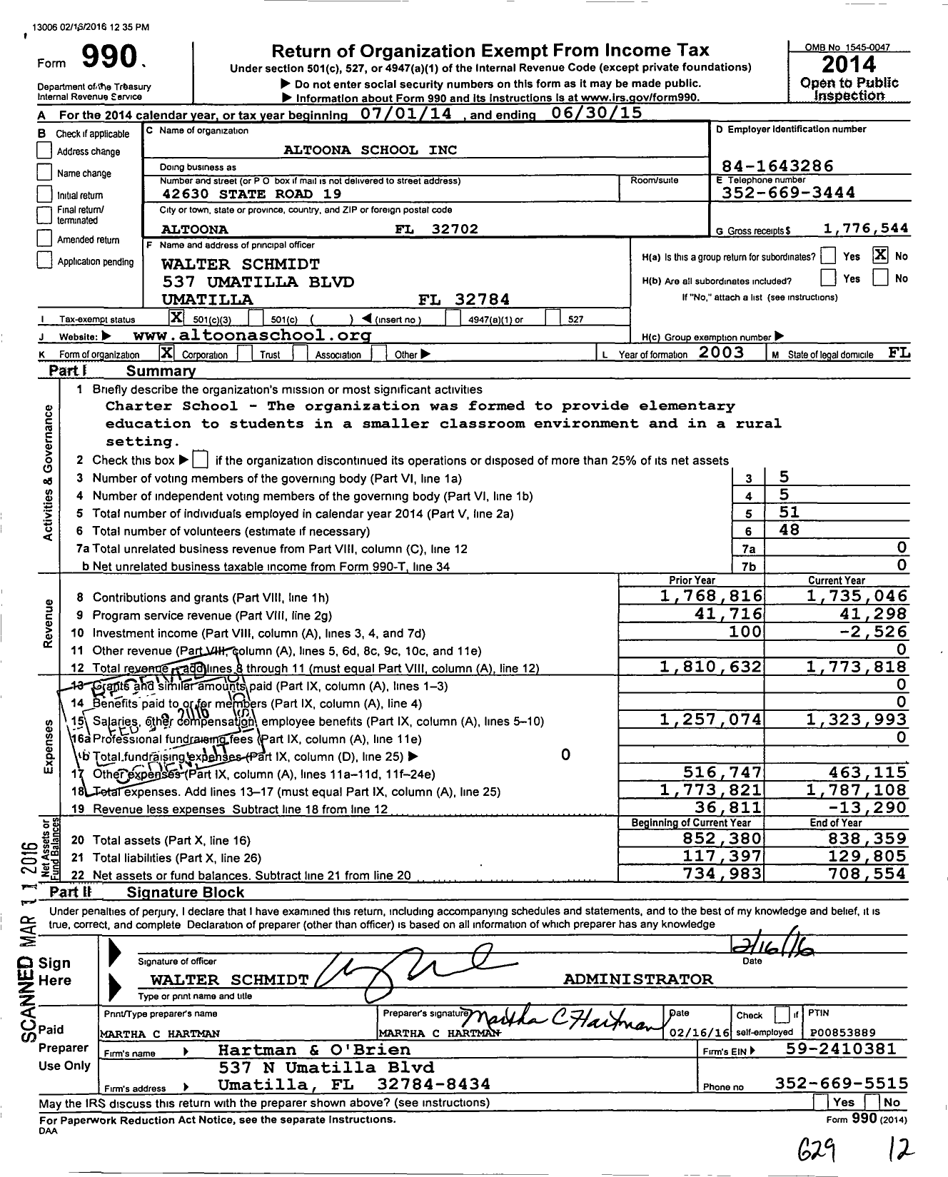 Image of first page of 2014 Form 990 for Altoona School