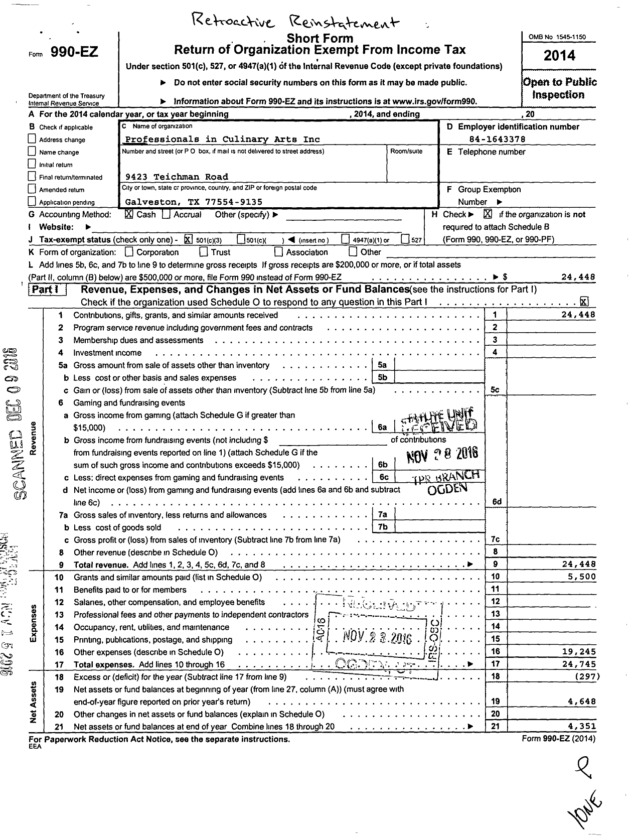 Image of first page of 2014 Form 990EZ for Professionals in Culinary Arts