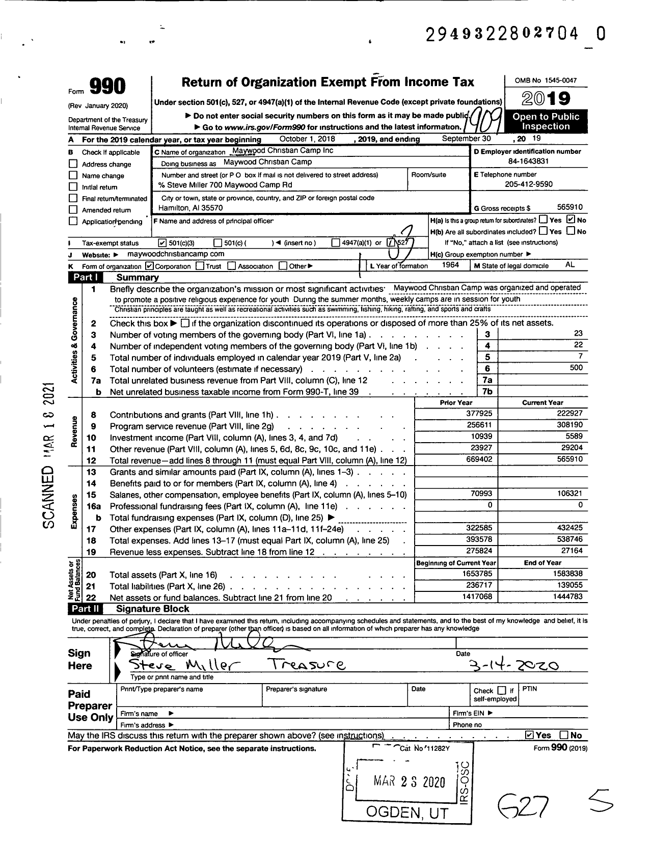 Image of first page of 2018 Form 990 for Maywood Christian Camp