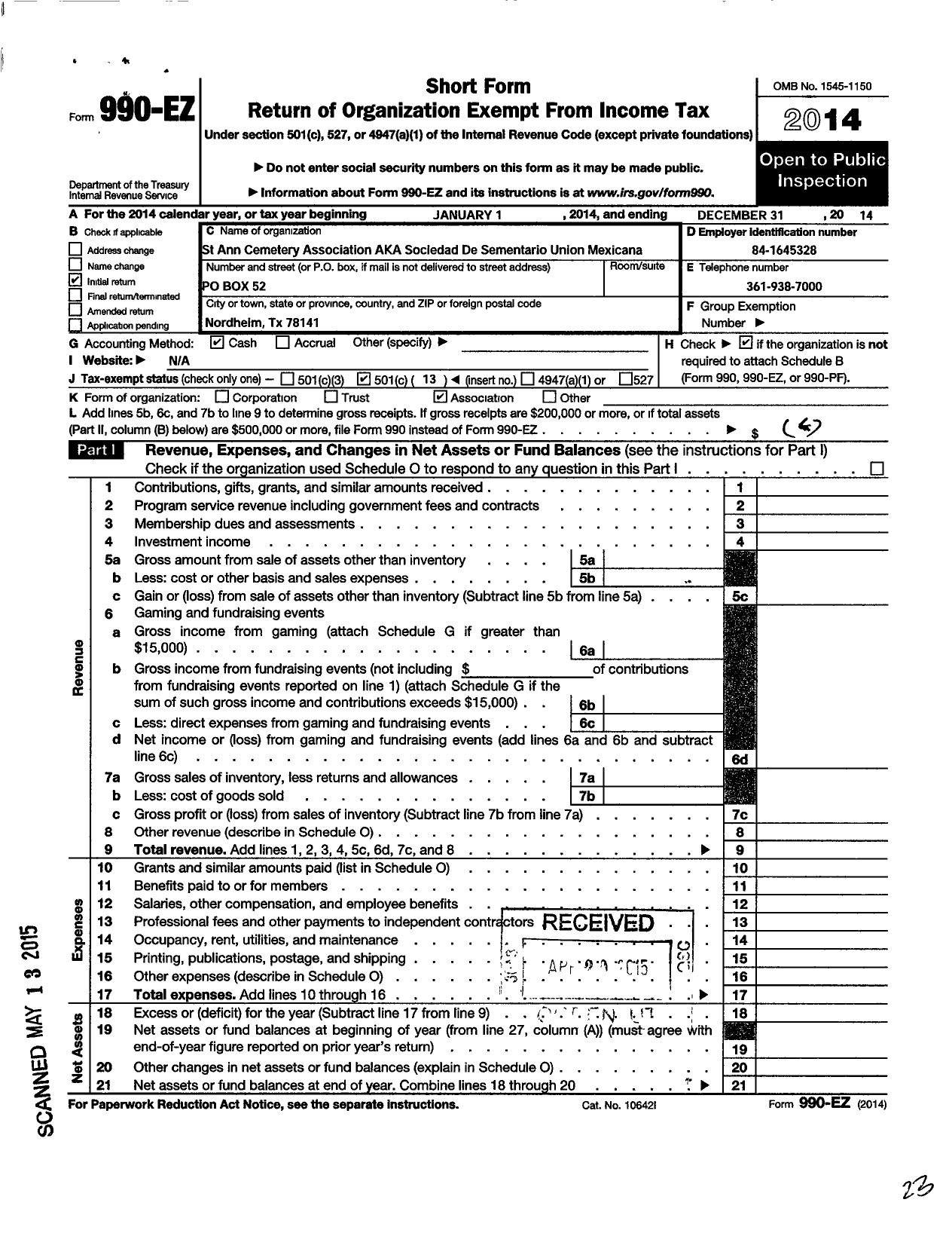 Image of first page of 2014 Form 990EO for St Ann Cemetery Association