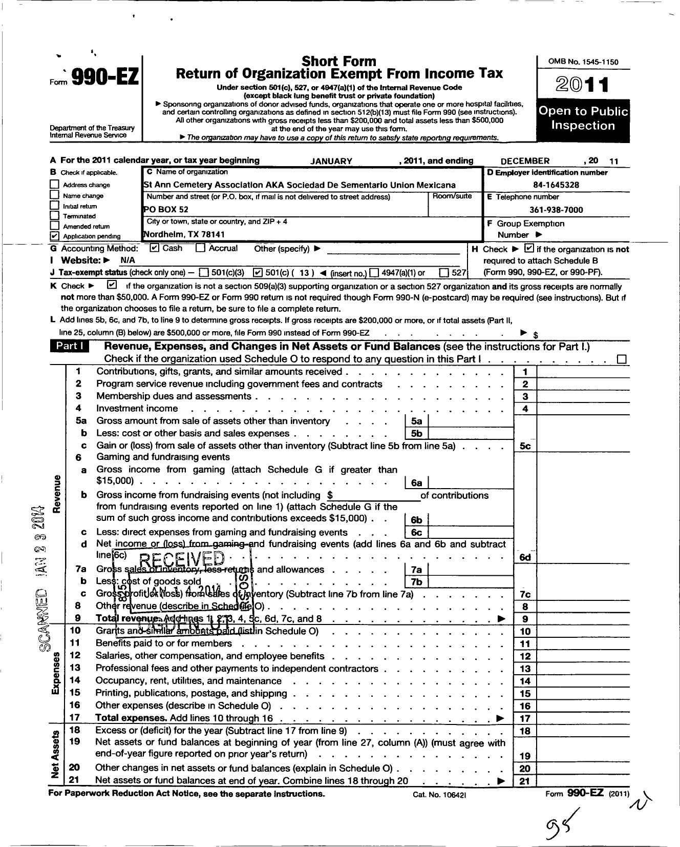 Image of first page of 2011 Form 990EO for St Ann Cemetery Association