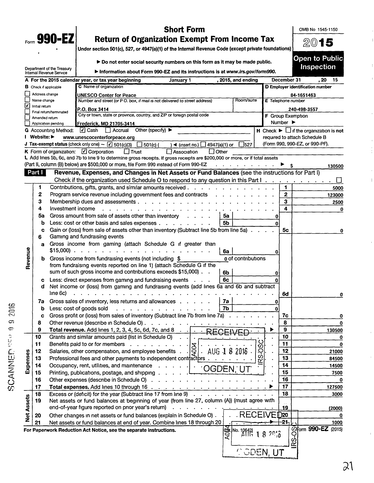 Image of first page of 2015 Form 990EZ for Unesco Center for Peace