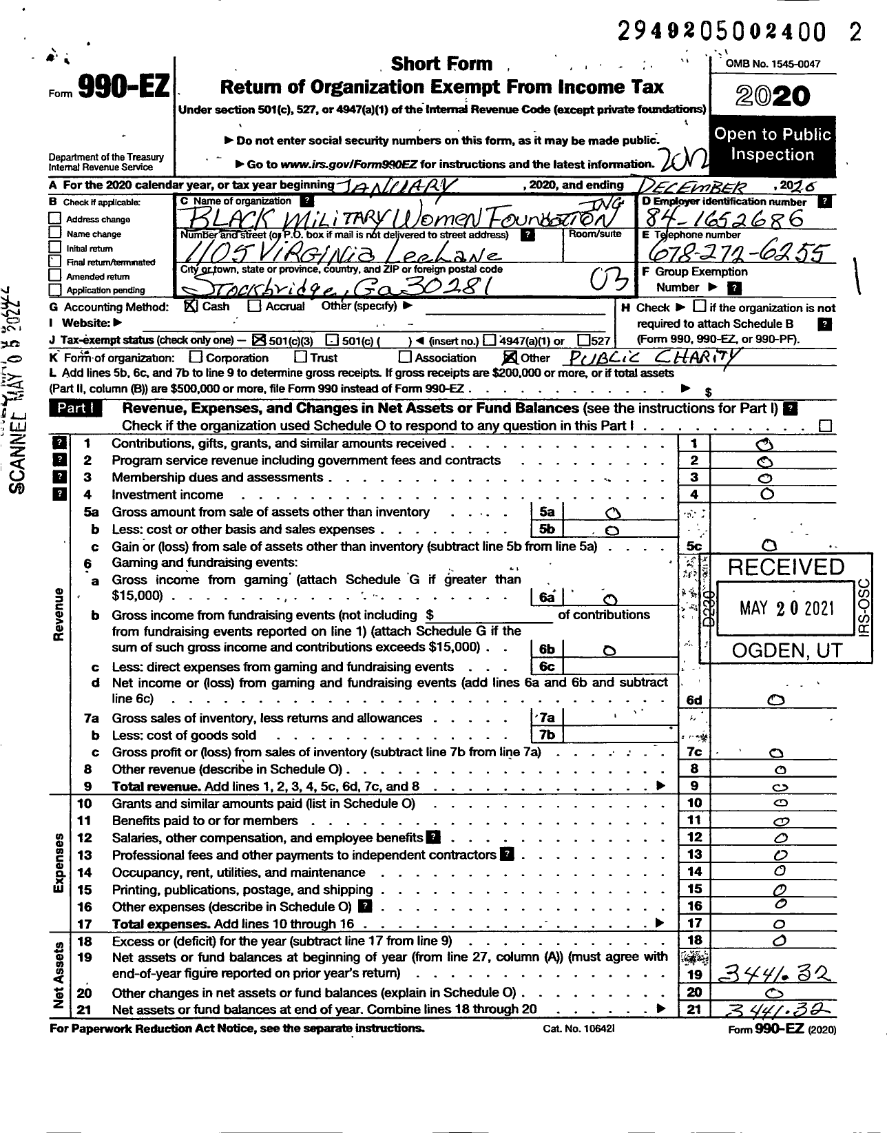 Image of first page of 2020 Form 990EZ for Black Military Women Foundation