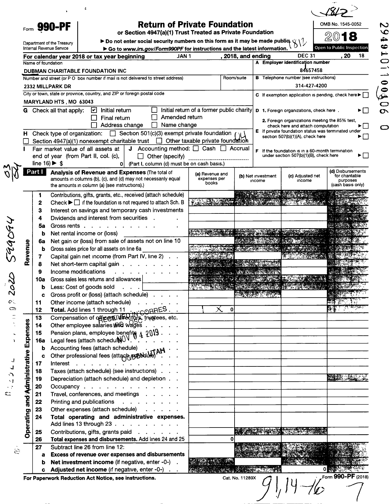 Image of first page of 2018 Form 990PR for Dubman Charitable Foundation