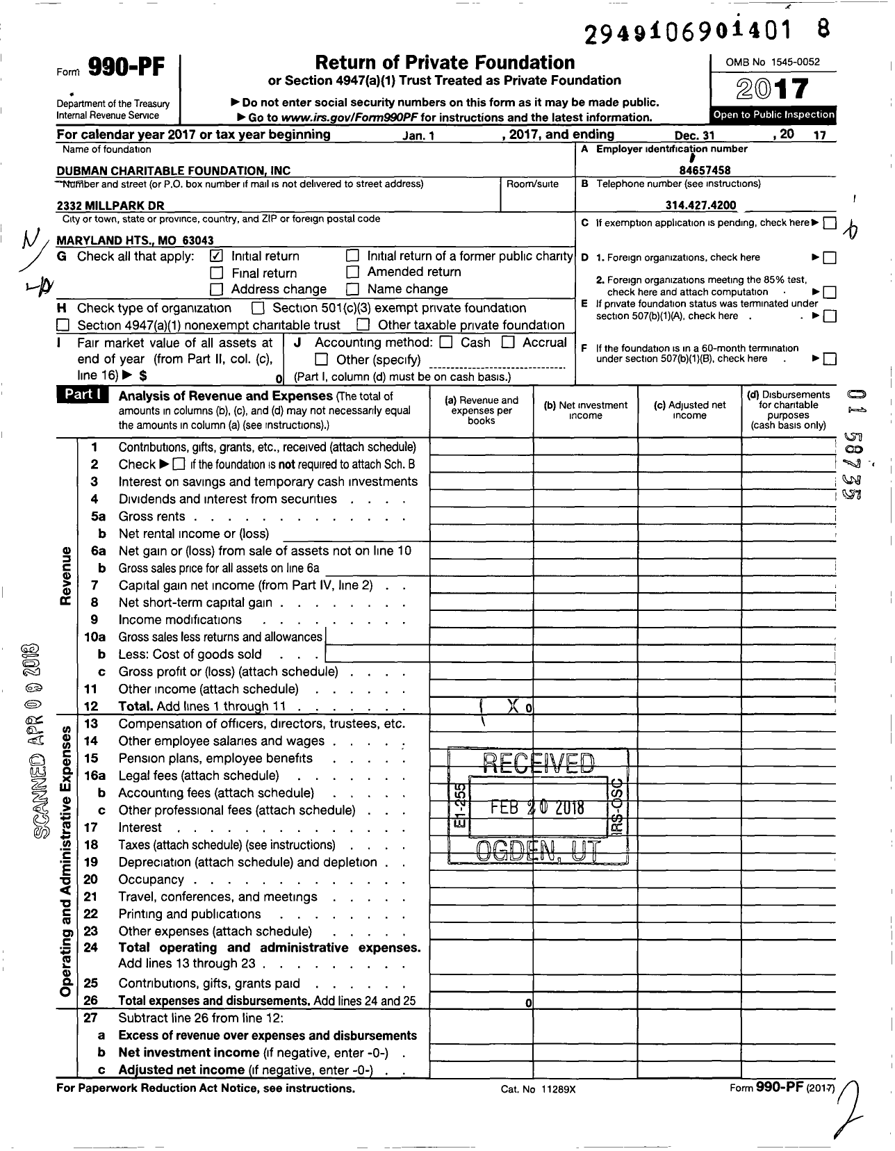 Image of first page of 2017 Form 990PF for Dubman Charitable Foundation