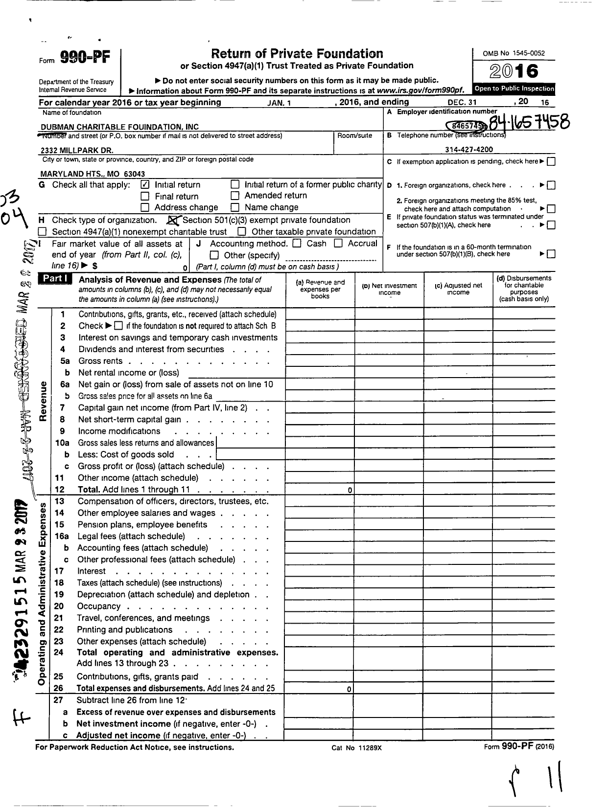 Image of first page of 2016 Form 990PF for Dubman Charitable Foundation