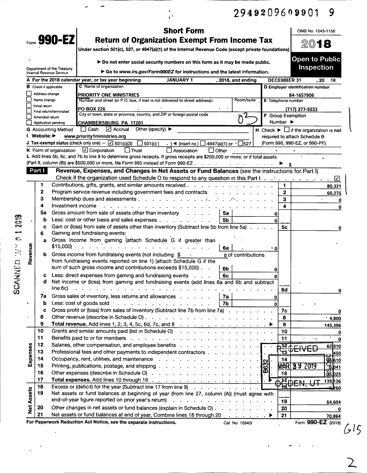 Image of first page of 2018 Form 990EZ for Priority One Ministries