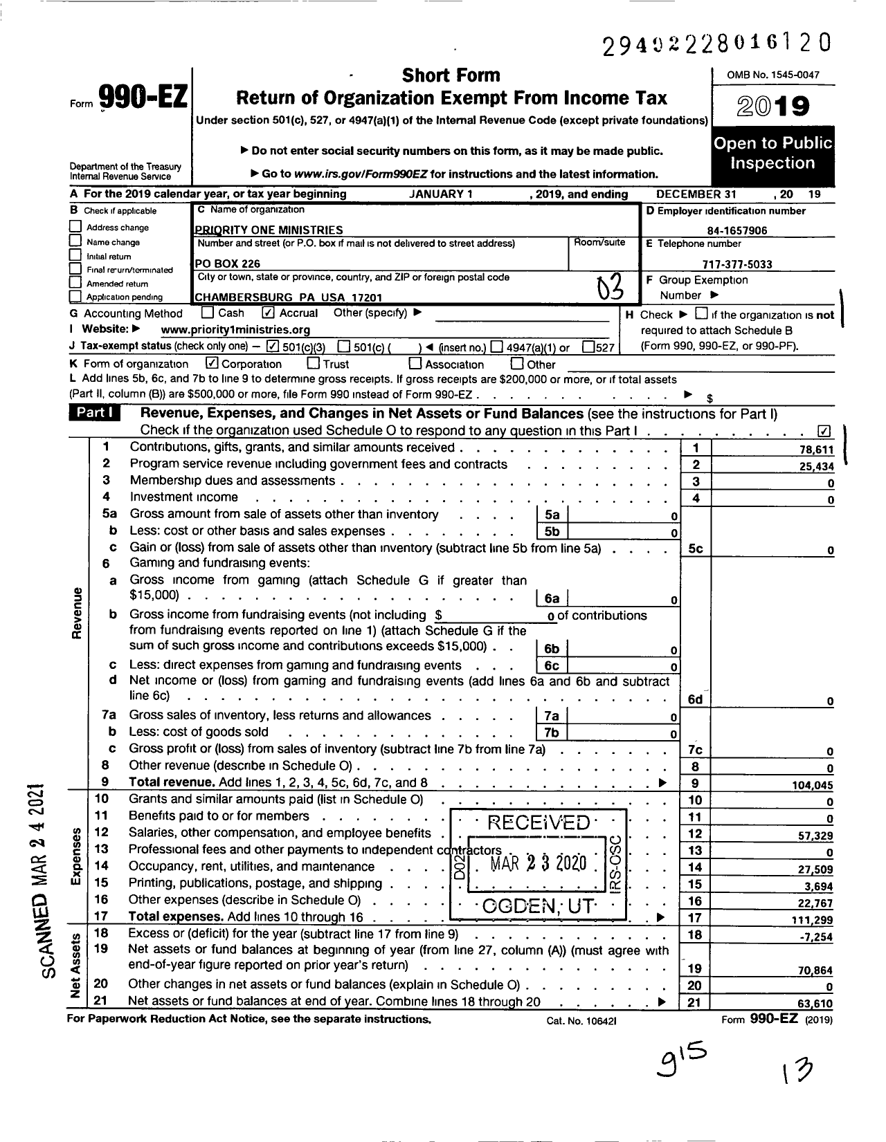 Image of first page of 2019 Form 990EZ for Priority One Ministries