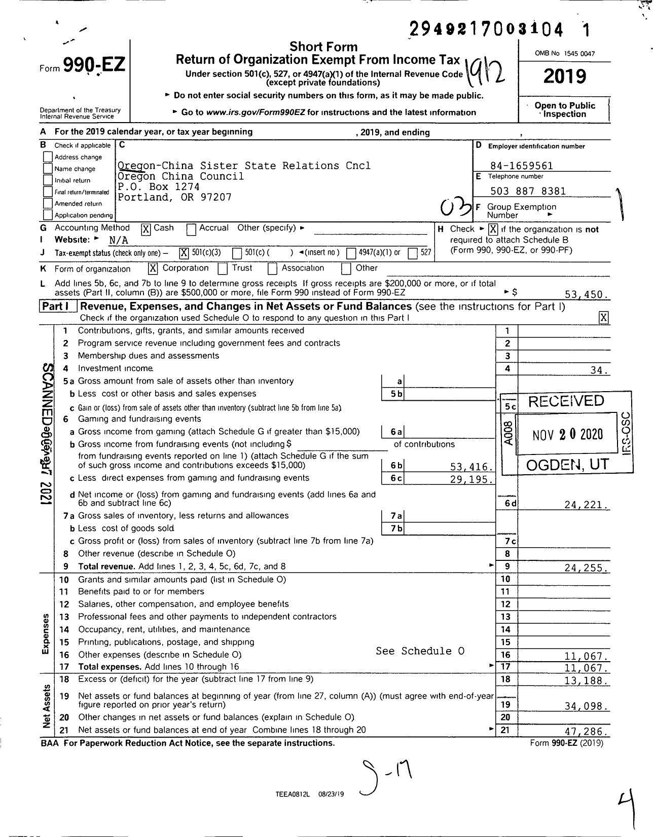 Image of first page of 2019 Form 990EZ for Oregon China Council