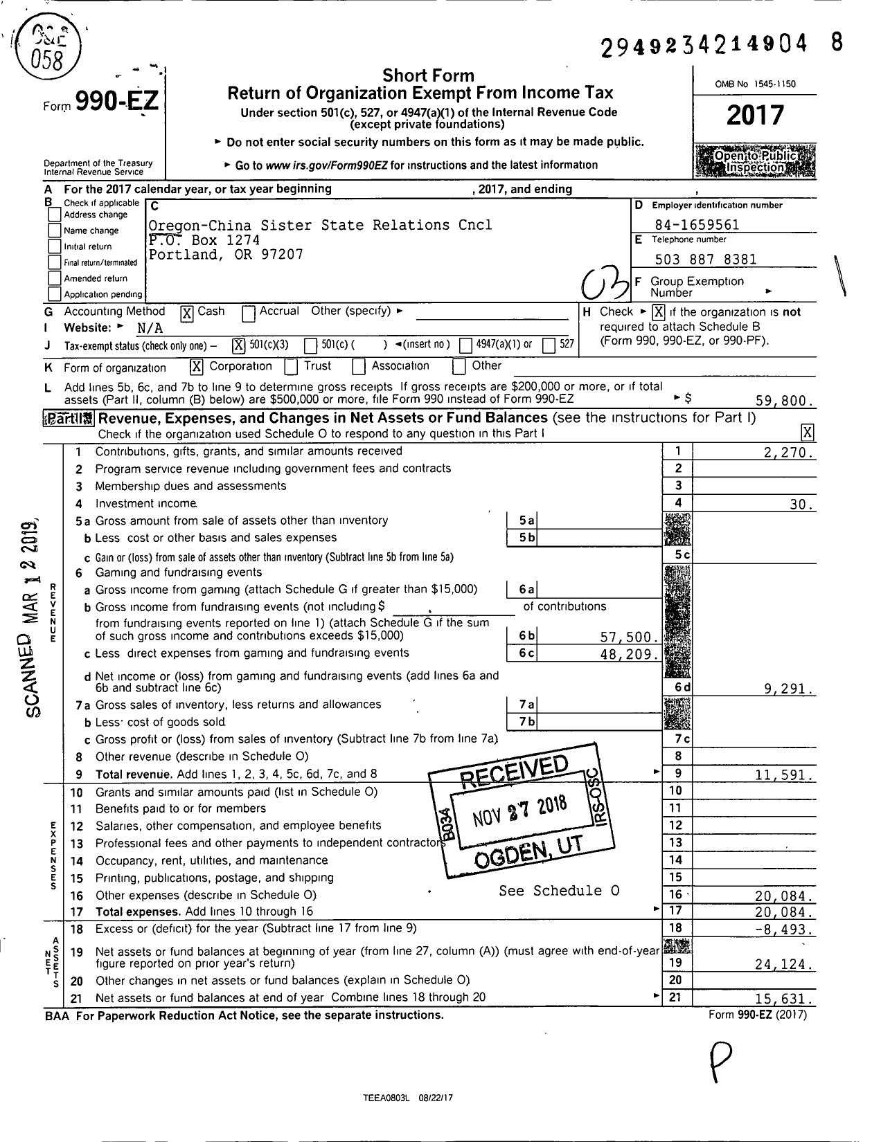 Image of first page of 2017 Form 990EZ for Oregon China Council