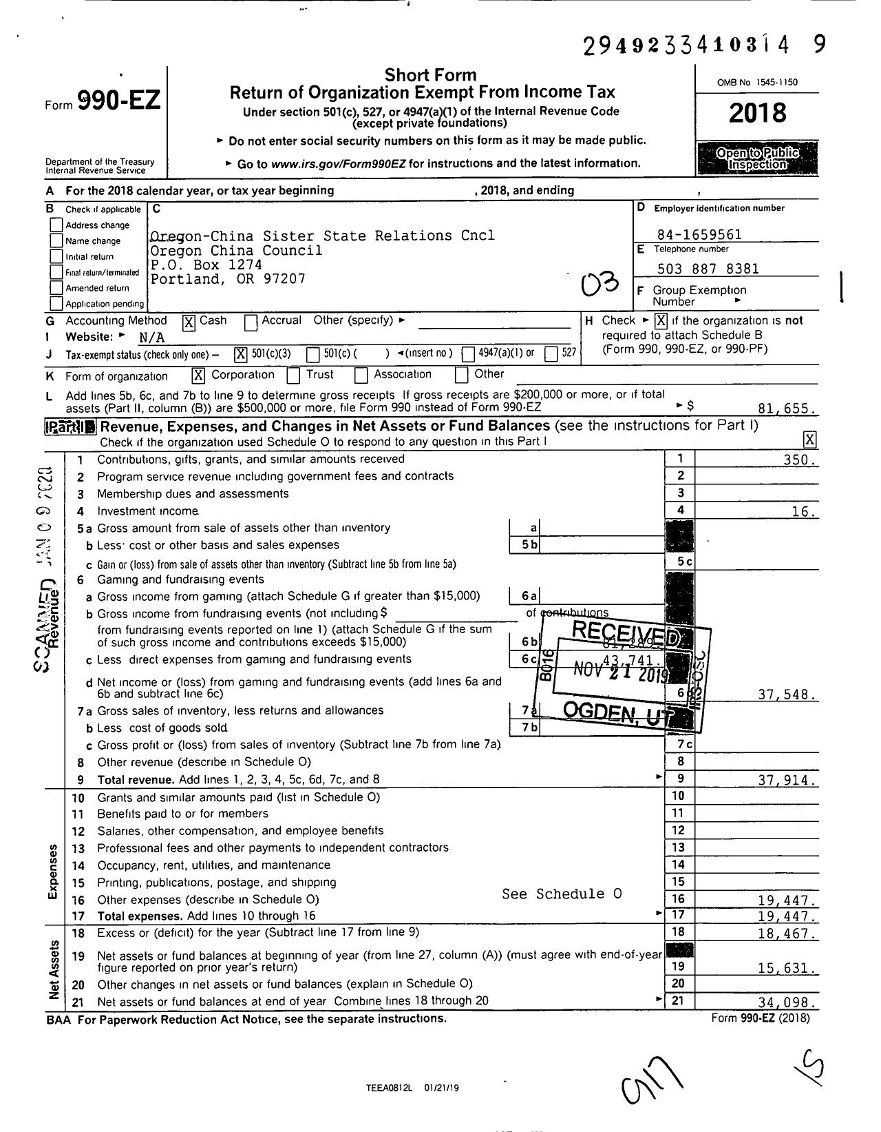 Image of first page of 2018 Form 990EZ for Oregon China Council