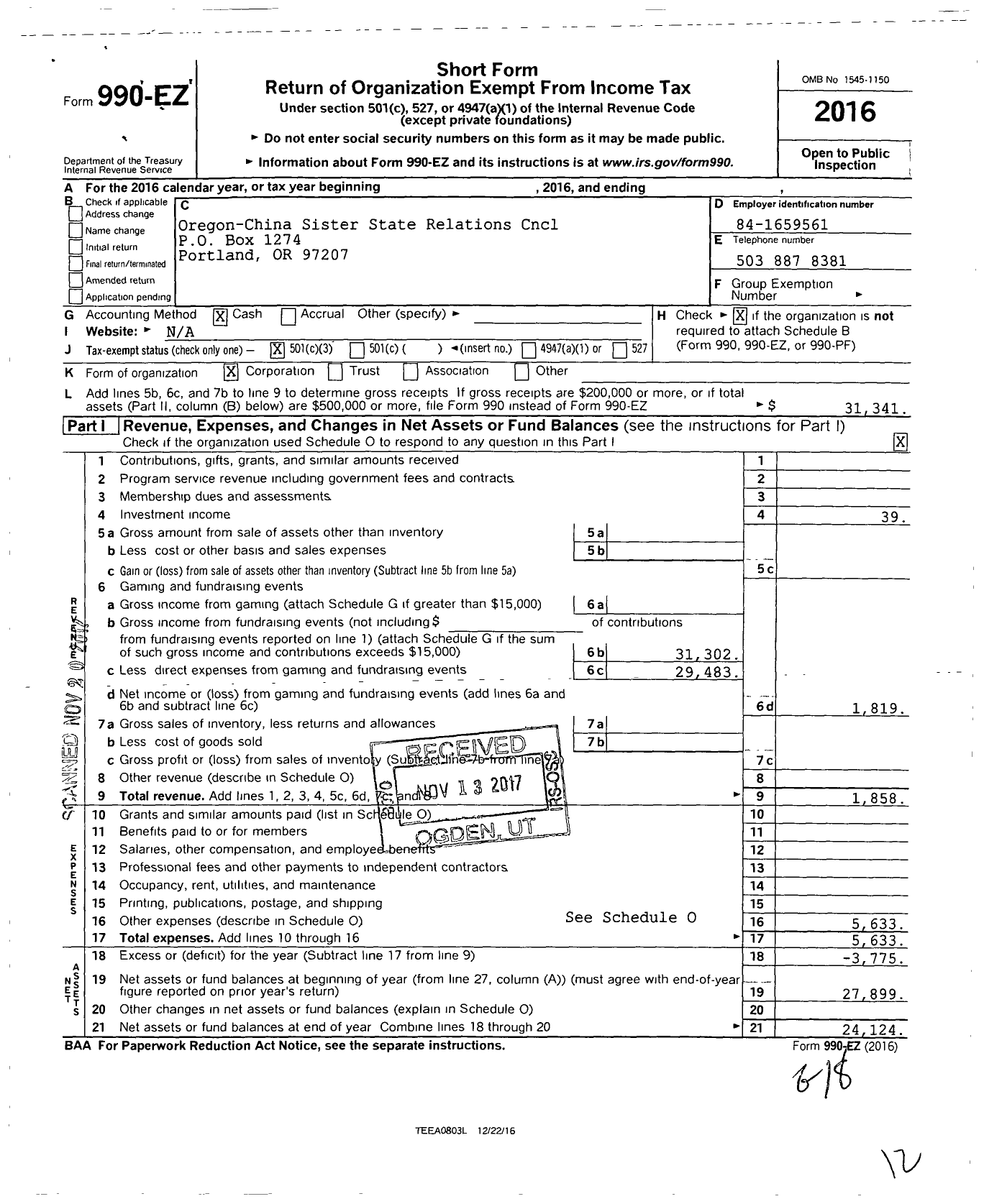 Image of first page of 2016 Form 990EZ for Oregon China Council