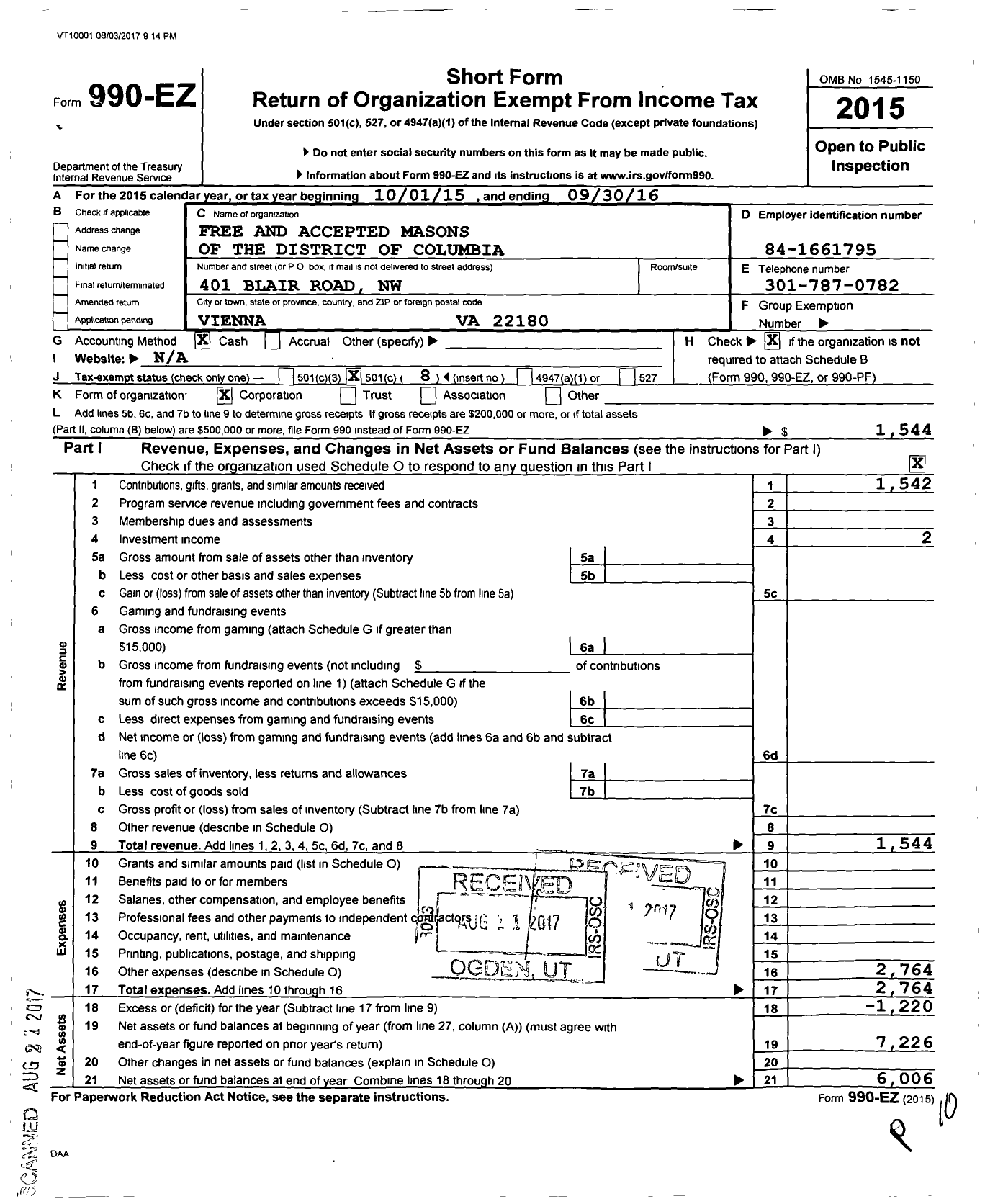 Image of first page of 2015 Form 990EO for Free and Accepted Masons of the District of Columbia - 1775 Freedom Military Lodge